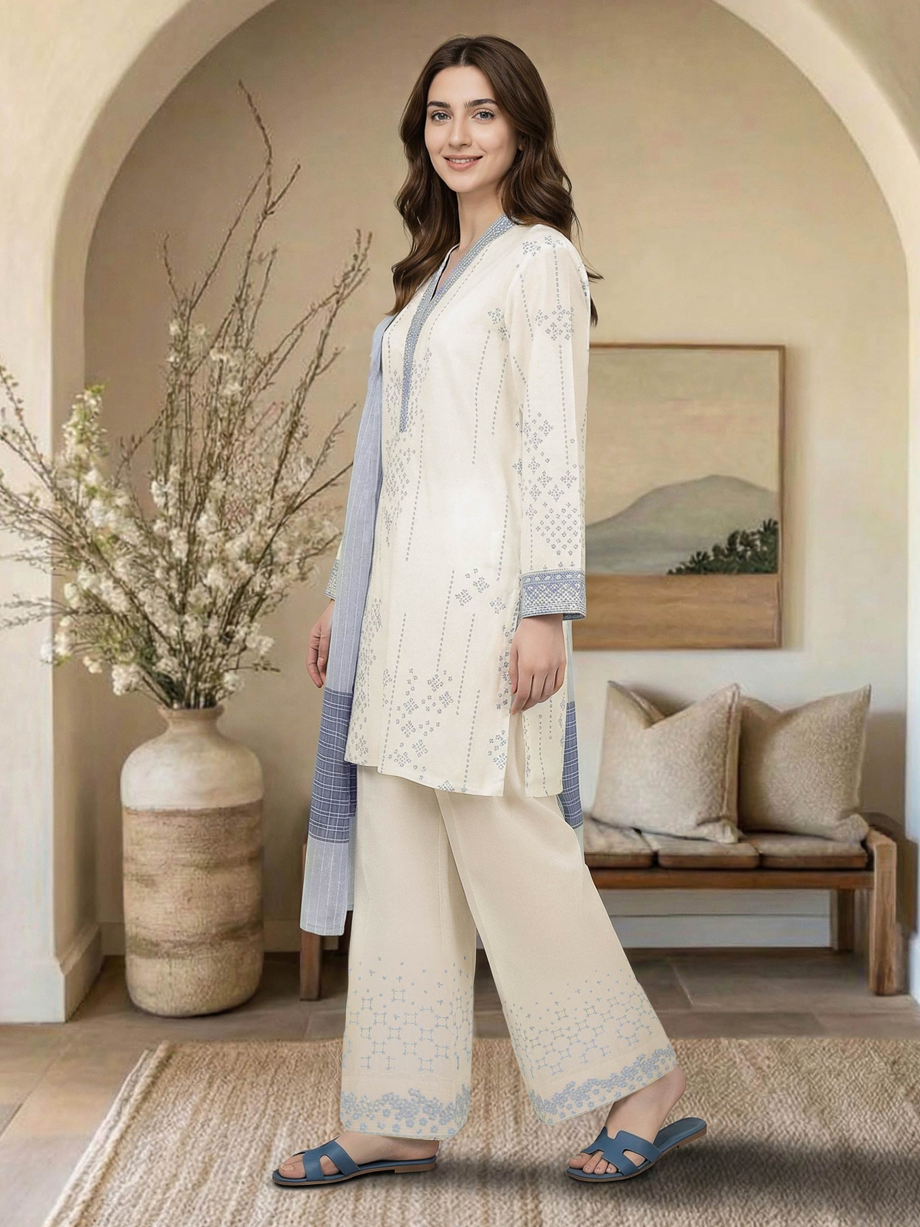 3 Piece Lawn Slub Suit- Embroidered (Pret)
