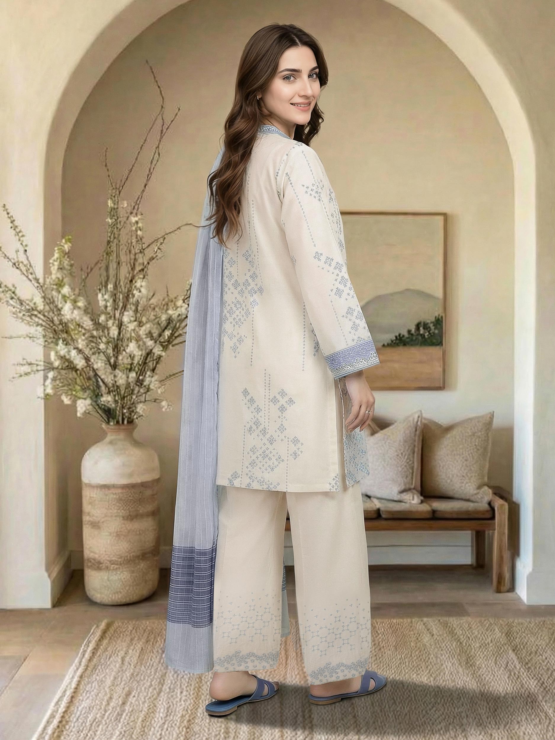 3 Piece Lawn Slub Suit- Embroidered (Pret)