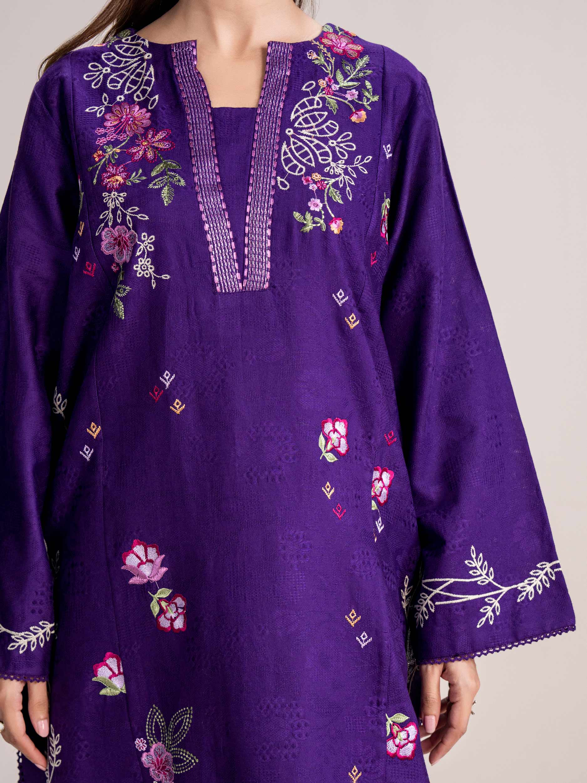 2 Piece Self Jacquard Suit- Embroidered (Pret)