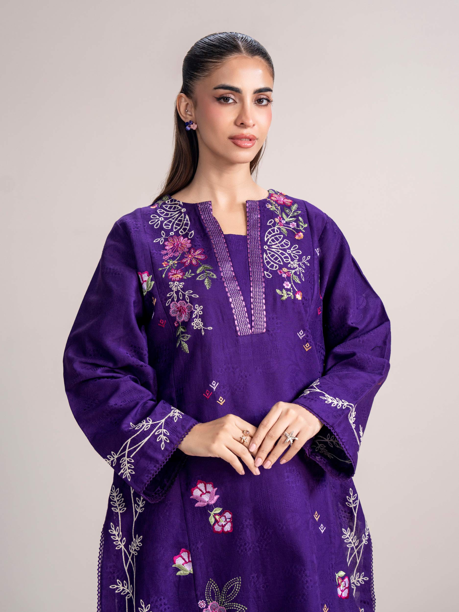 2 Piece Self Jacquard Suit- Embroidered (Pret)