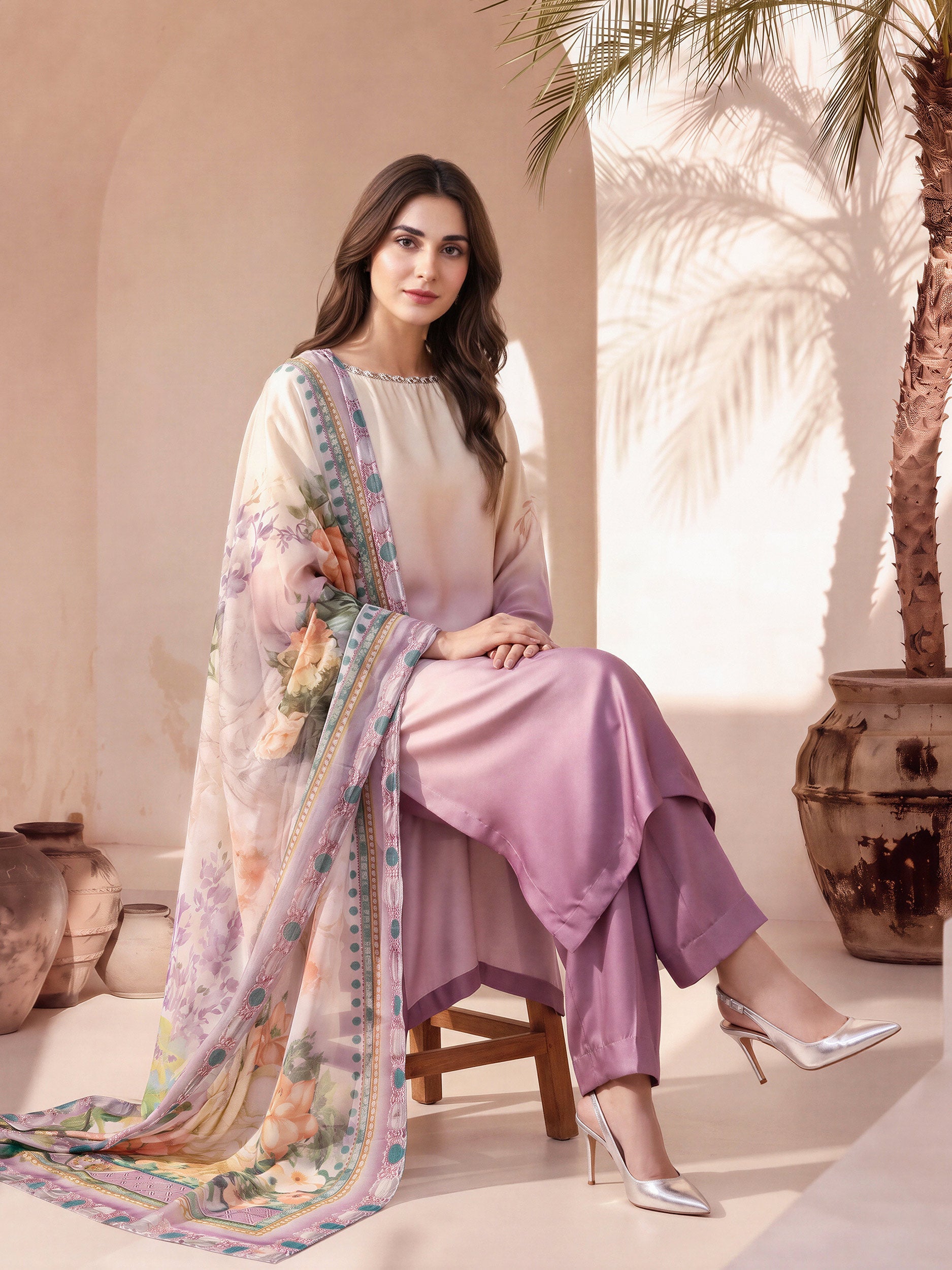 3 Piece Silk Suit- Embellished (Pret)