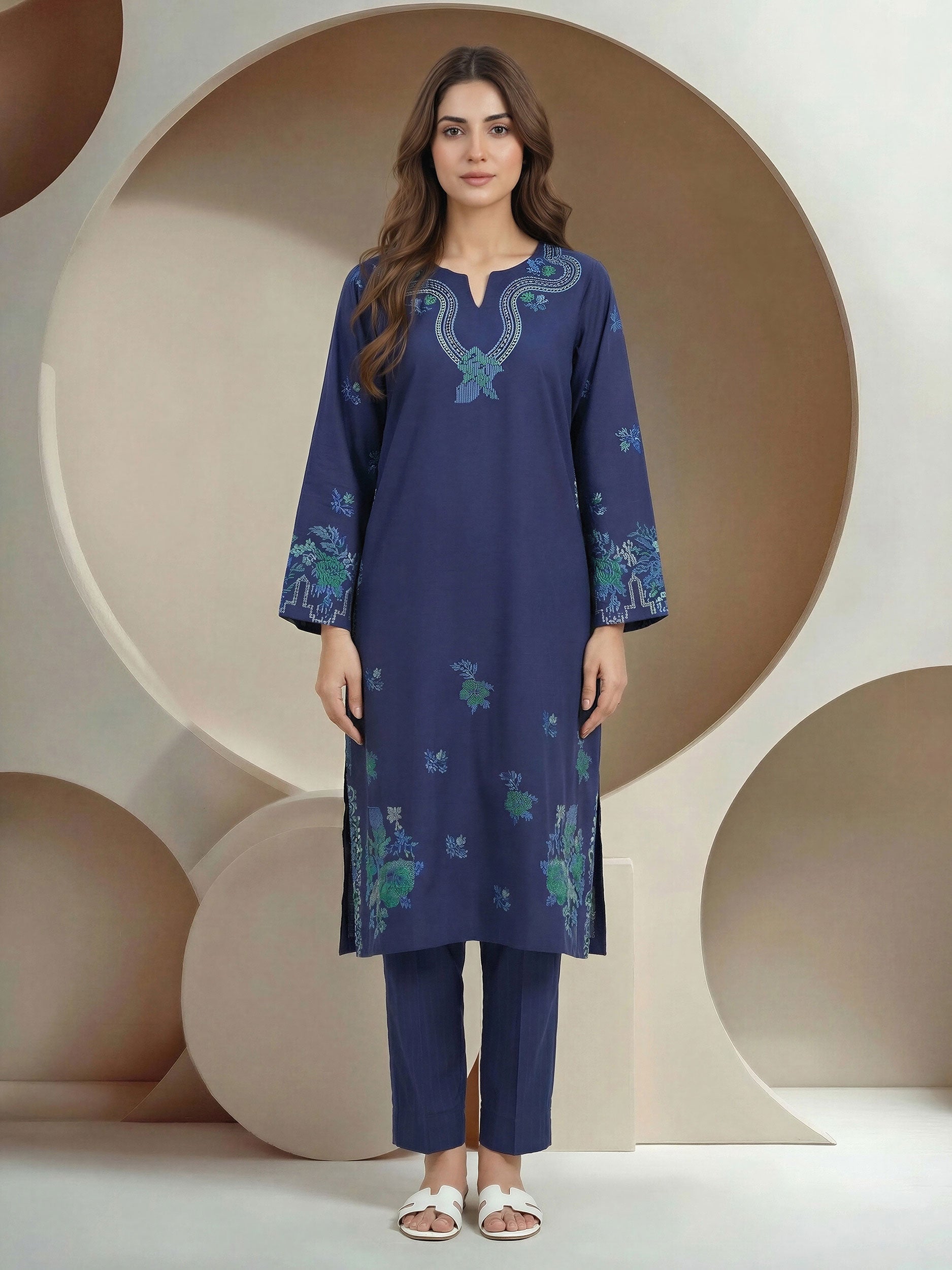 2 Piece Satin Suit- Embroidered (Pret)