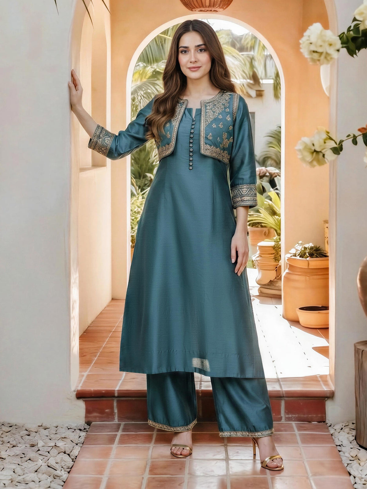 2 Piece Raw Silk Suit- Embroidered (Pret)