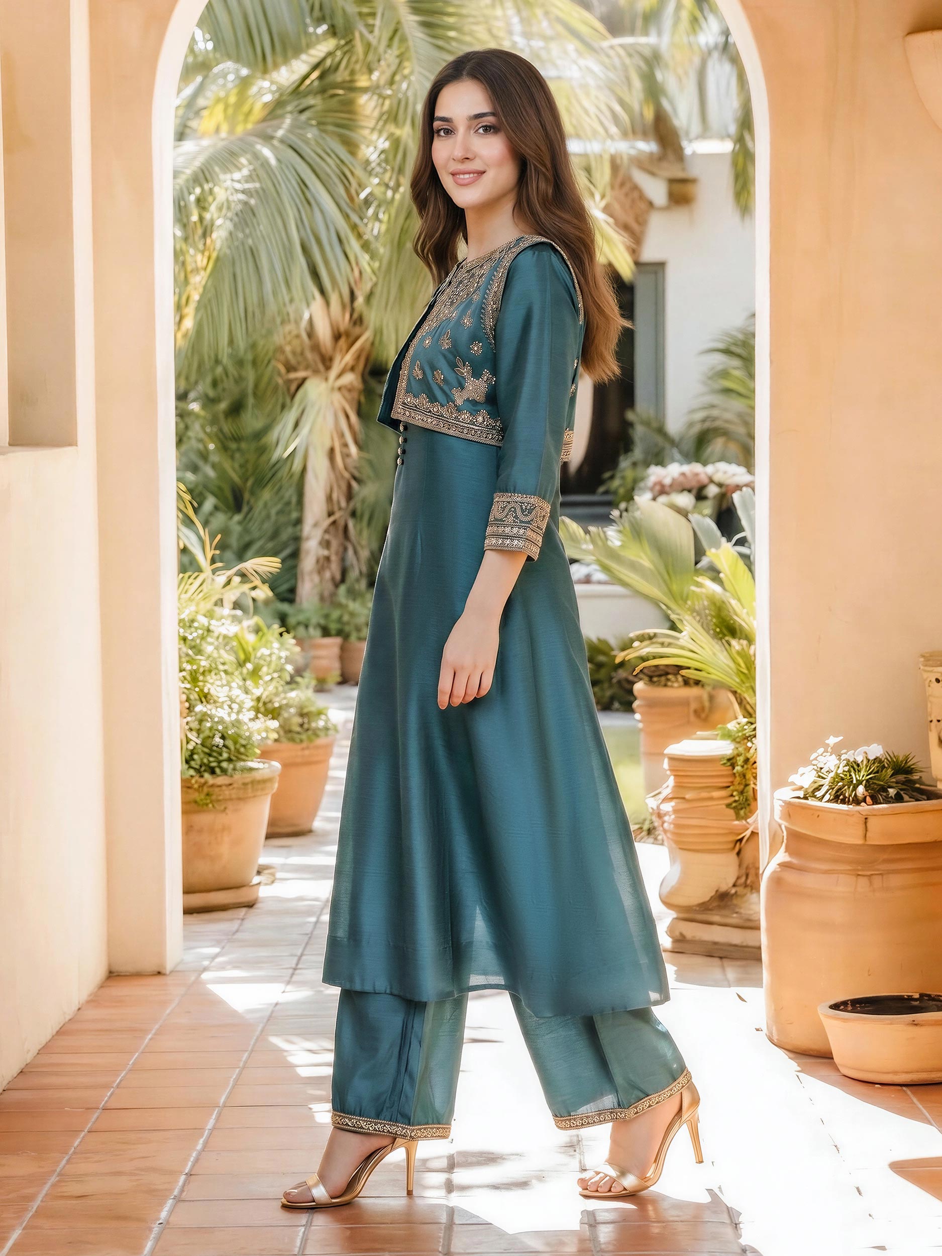 2 Piece Raw Silk Suit- Embroidered (Pret)