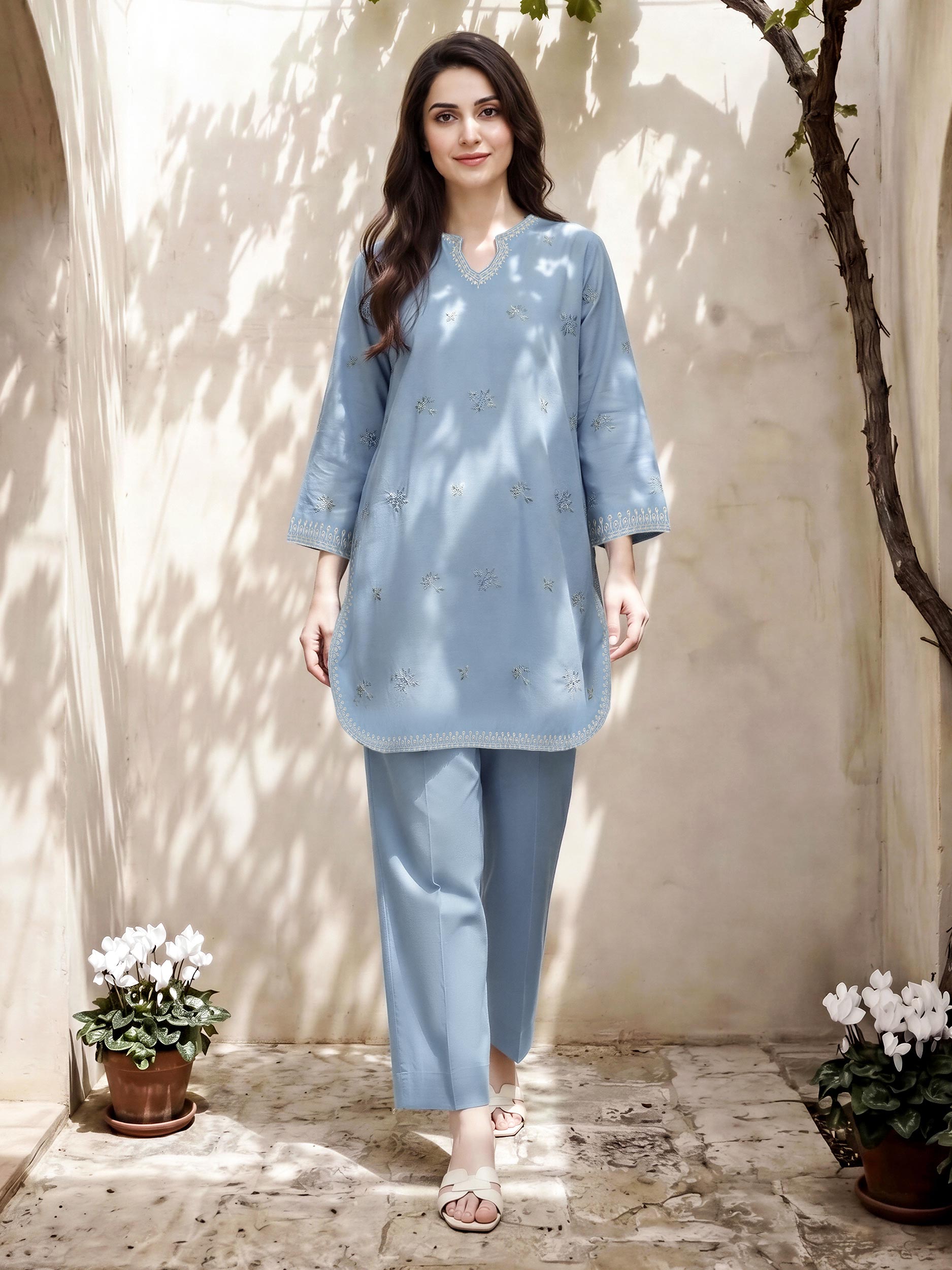 2 Piece Denim Suit- Embroidered (Pret)