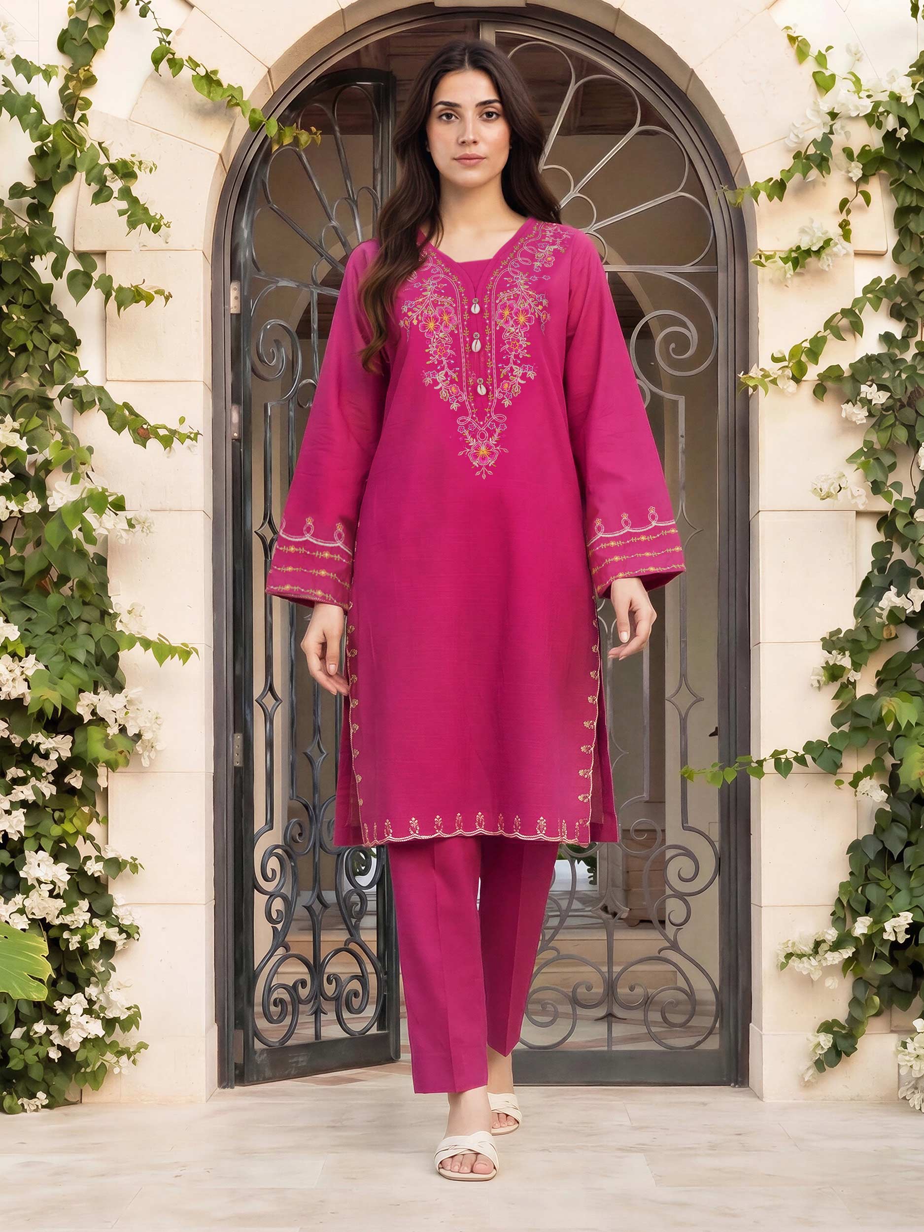 2 Piece Lawn Slub Suit- Embroidered (Pret)