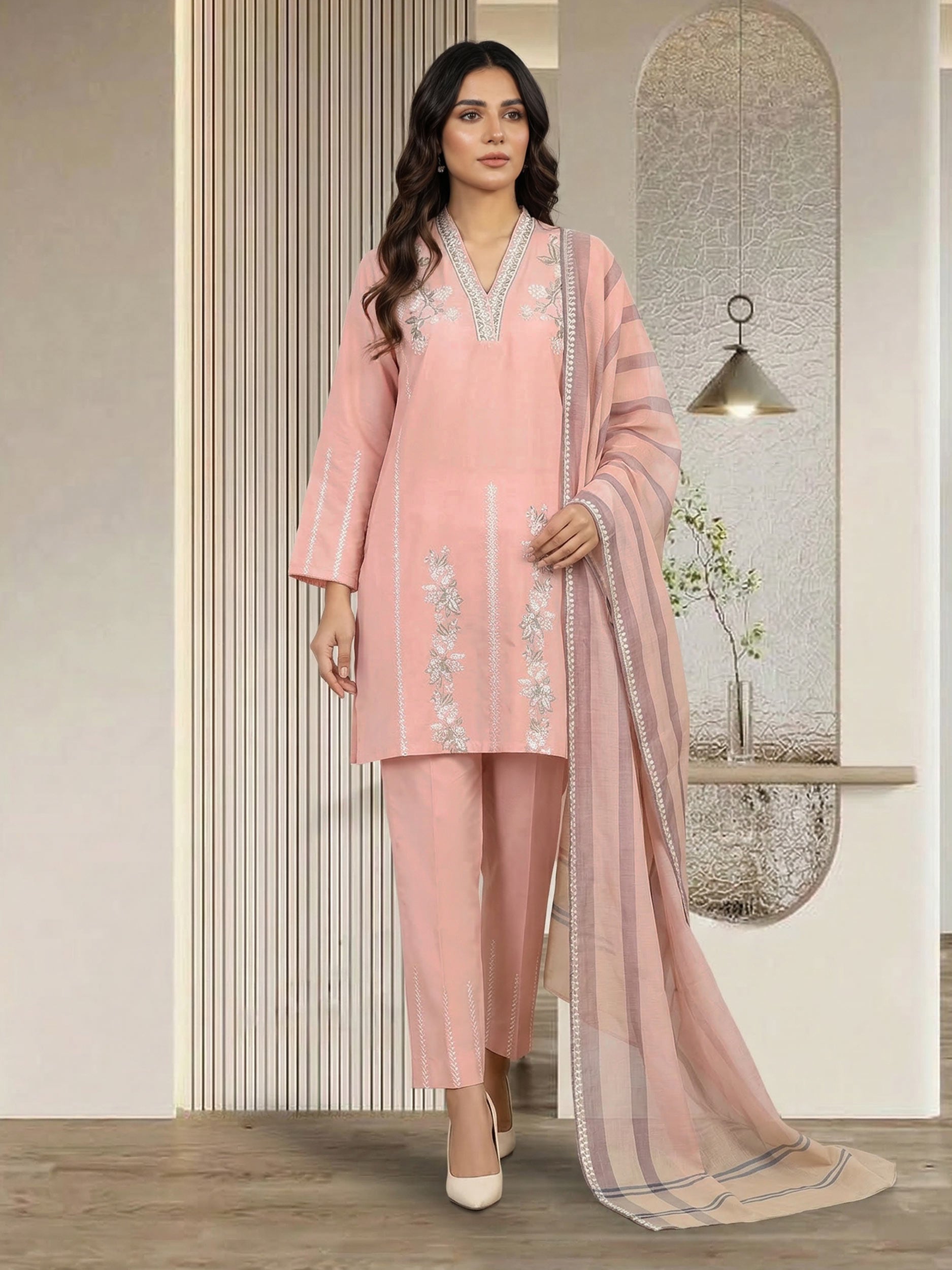3 Piece Dobby Suit- Embroidered (Pret)