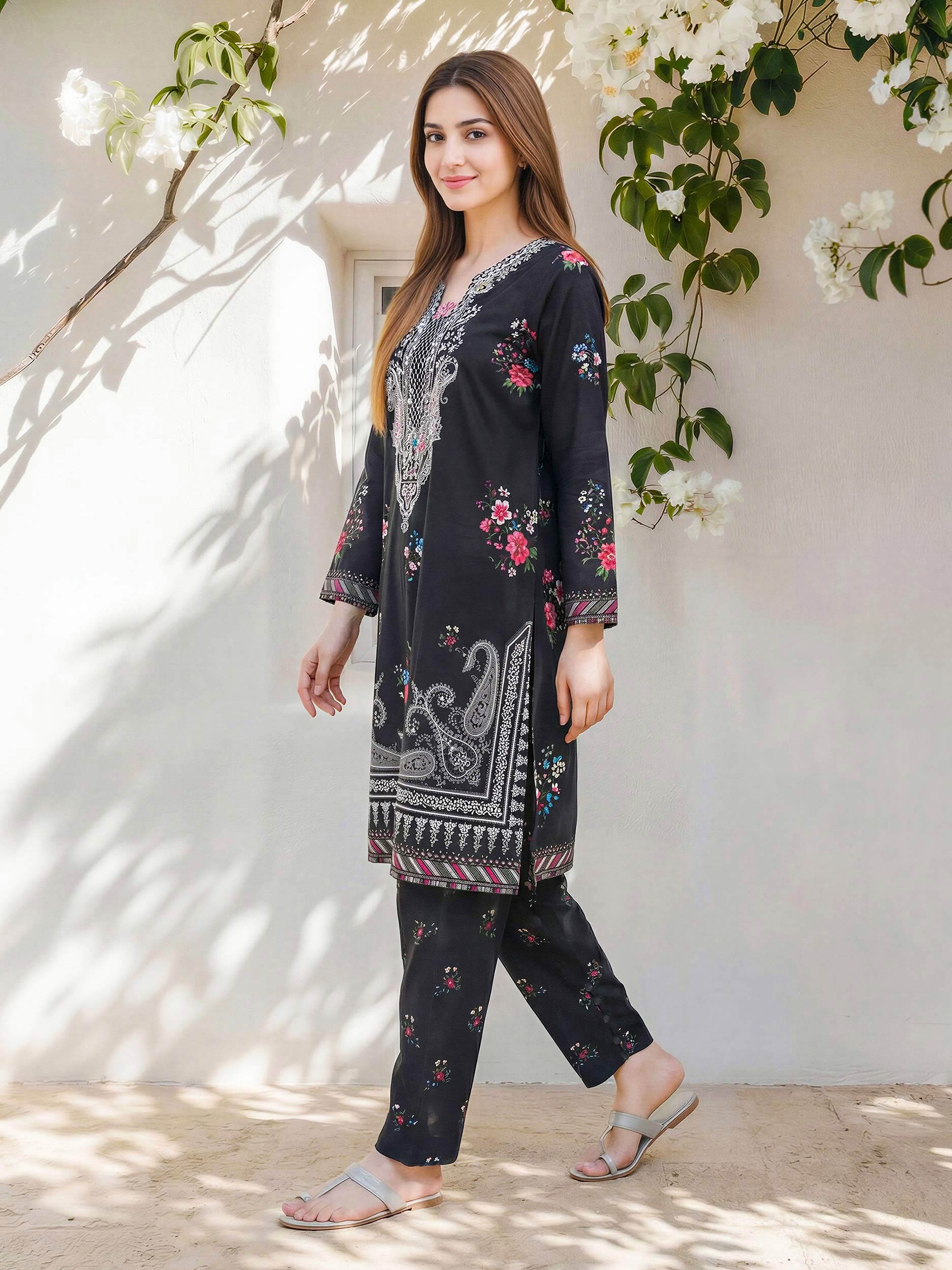2 Piece Lawn Slub Suit- Embroidered (Pret)