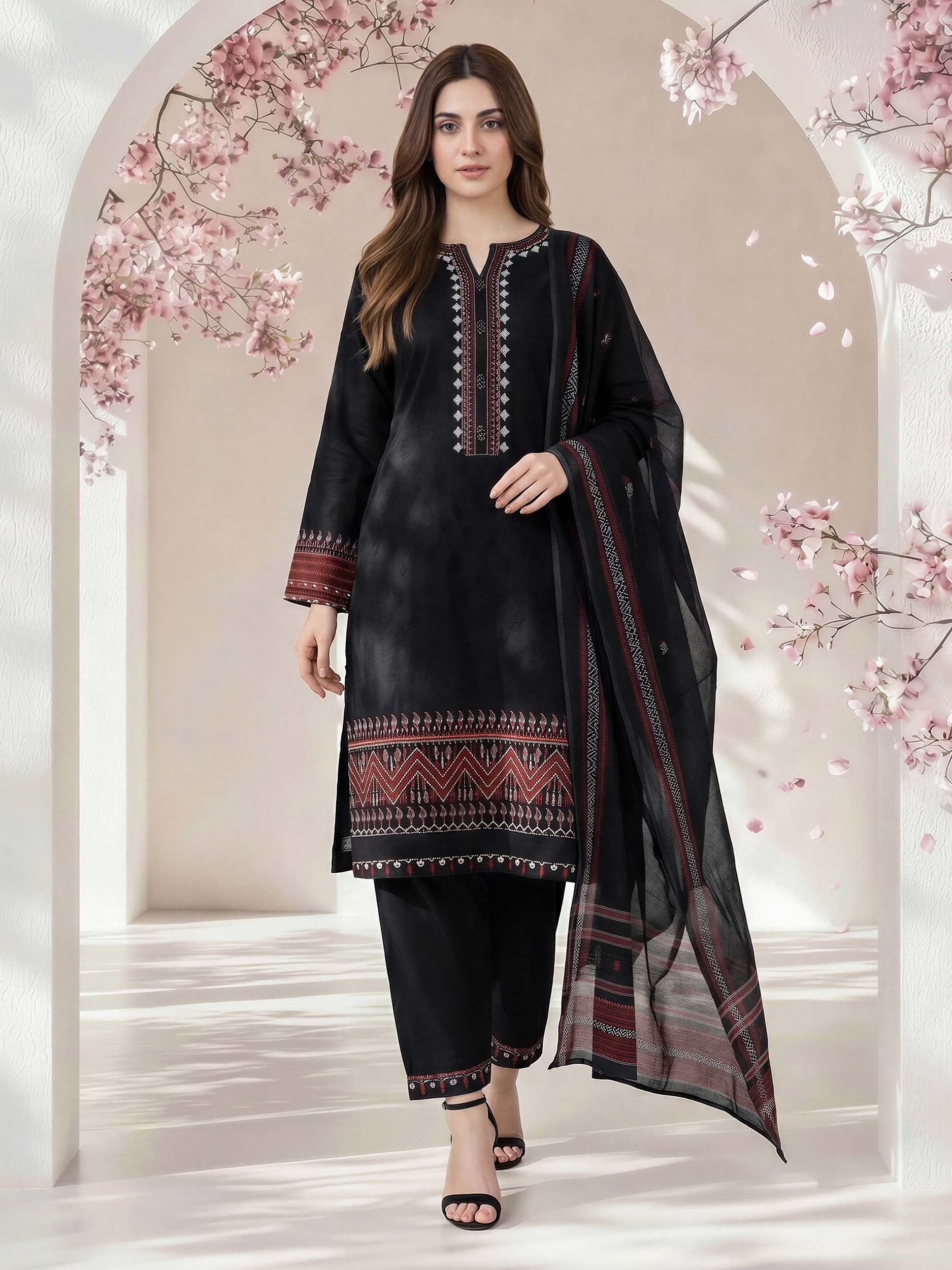 3 Piece Satin Suit- Embroidered (Pret)