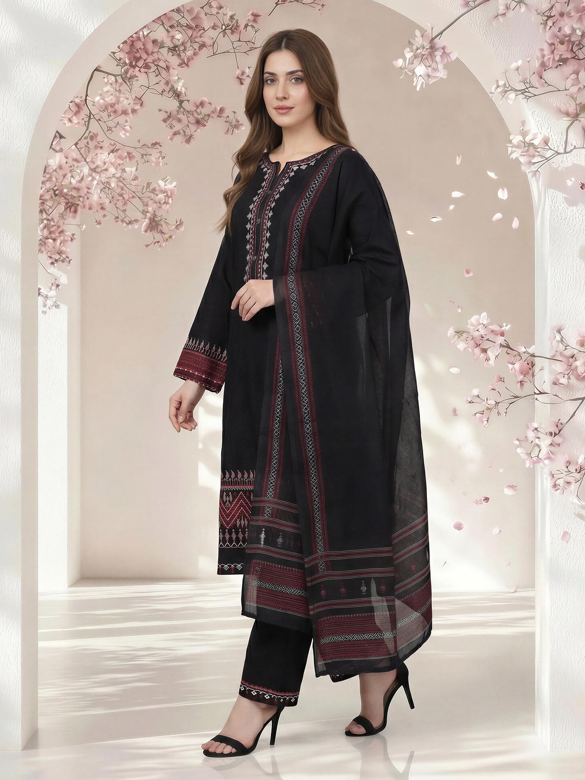 3 Piece Satin Suit- Embroidered (Pret)