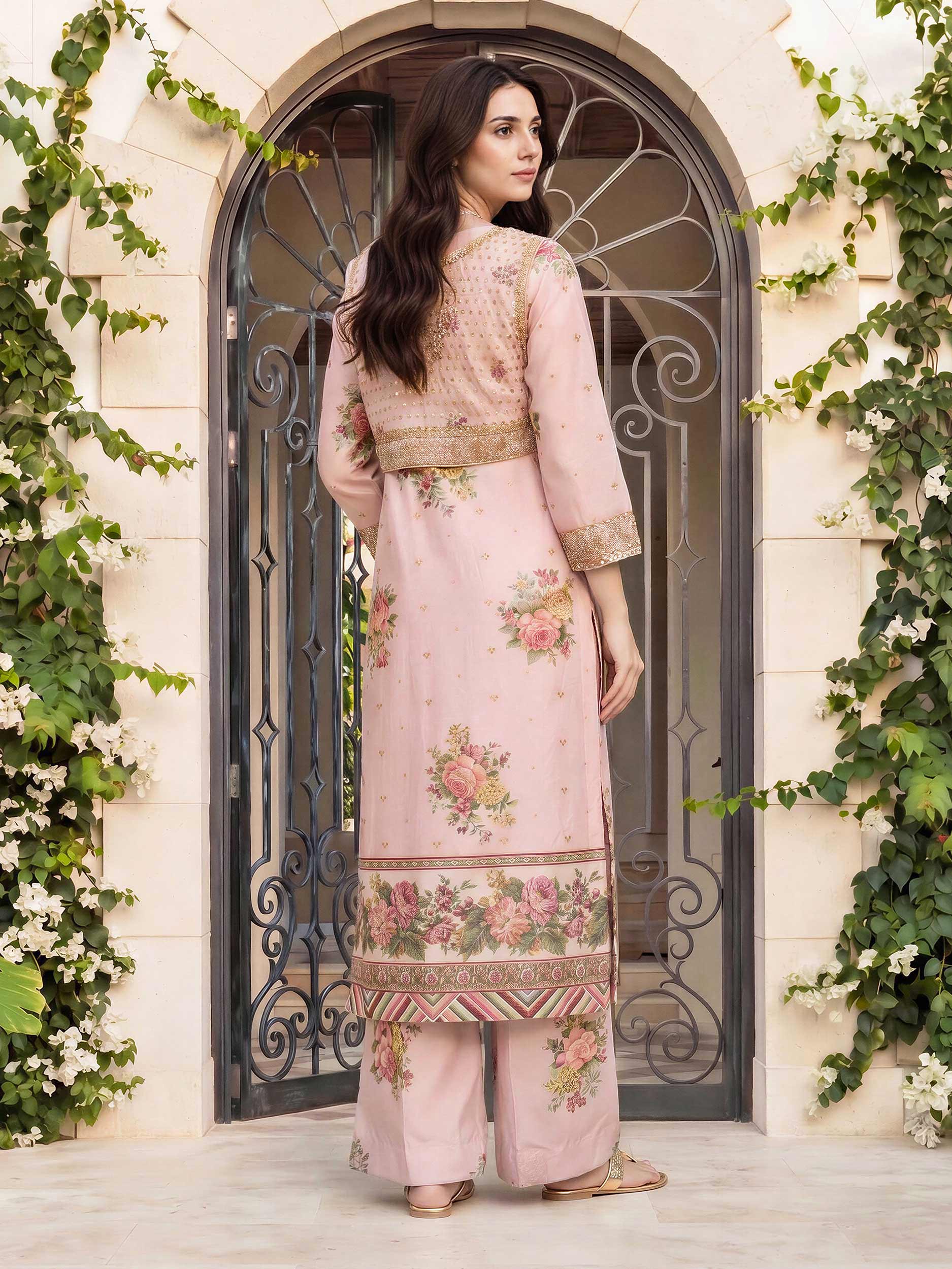 2 Piece Satin Suit- Embroidered (Pret)