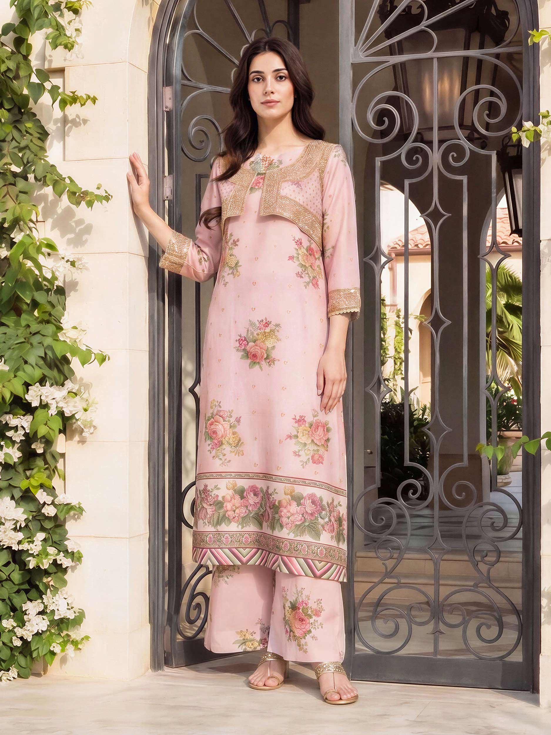 2 Piece Satin Suit- Embroidered (Pret)