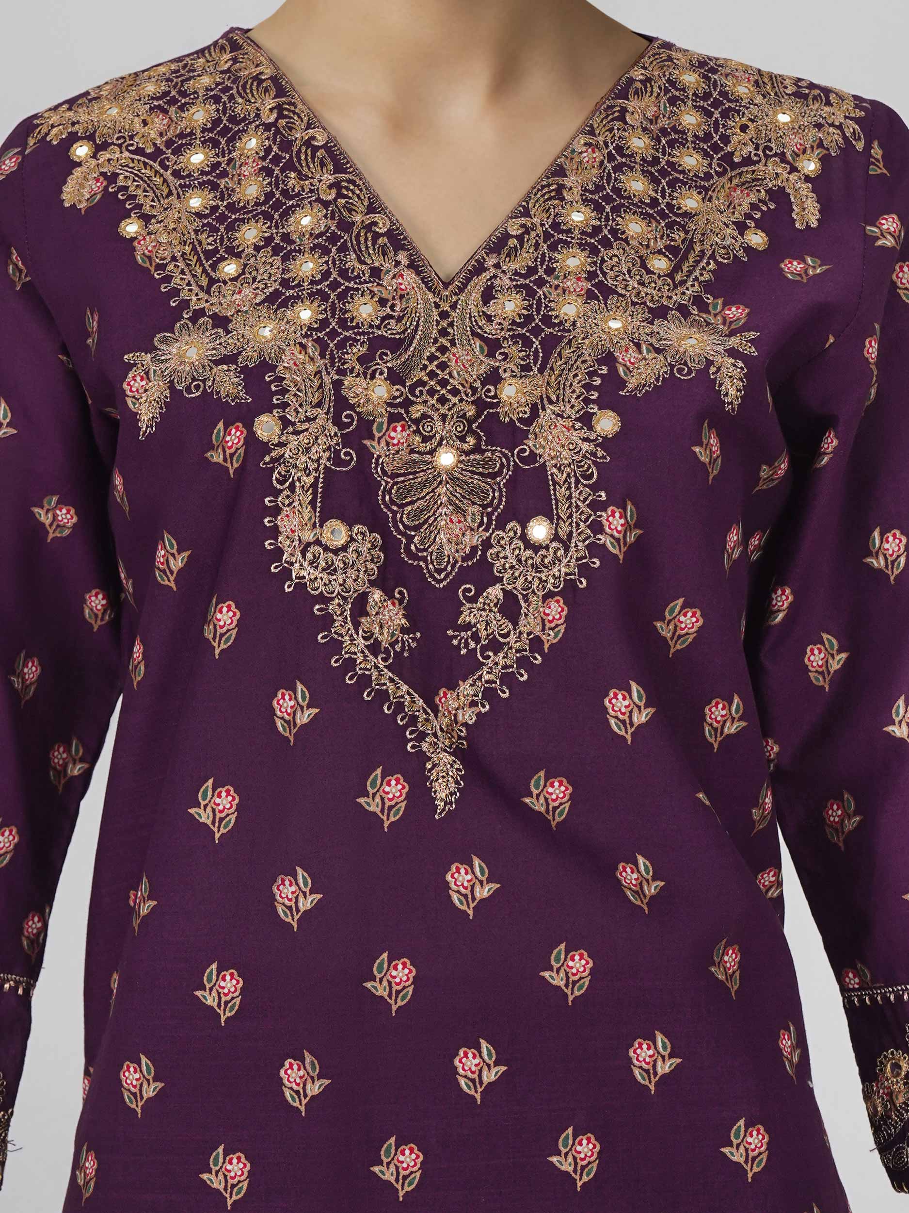 3 Piece Lawn Slub Suit- Embroidered (Pret)