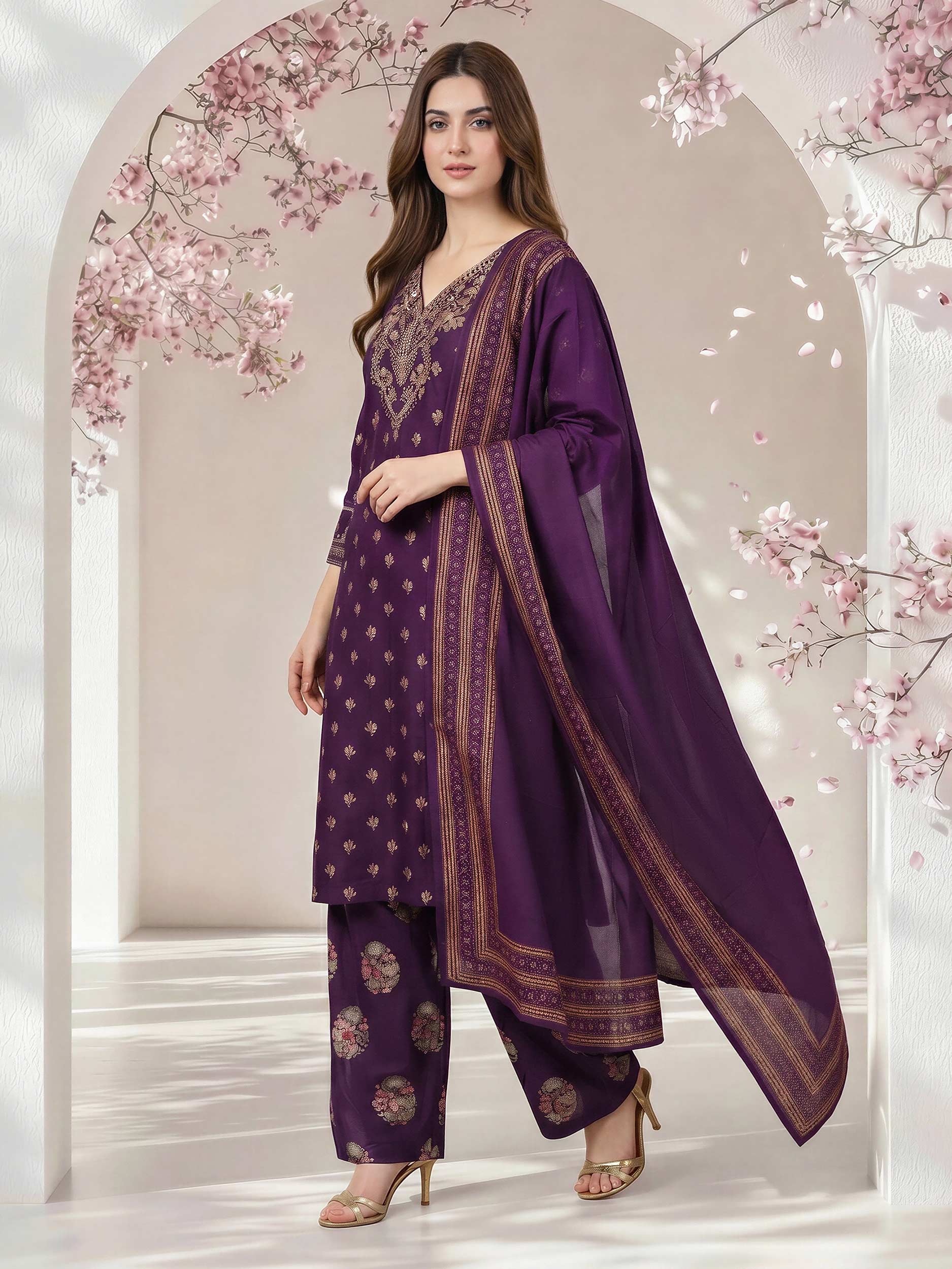 3 Piece Lawn Slub Suit- Embroidered (Pret)