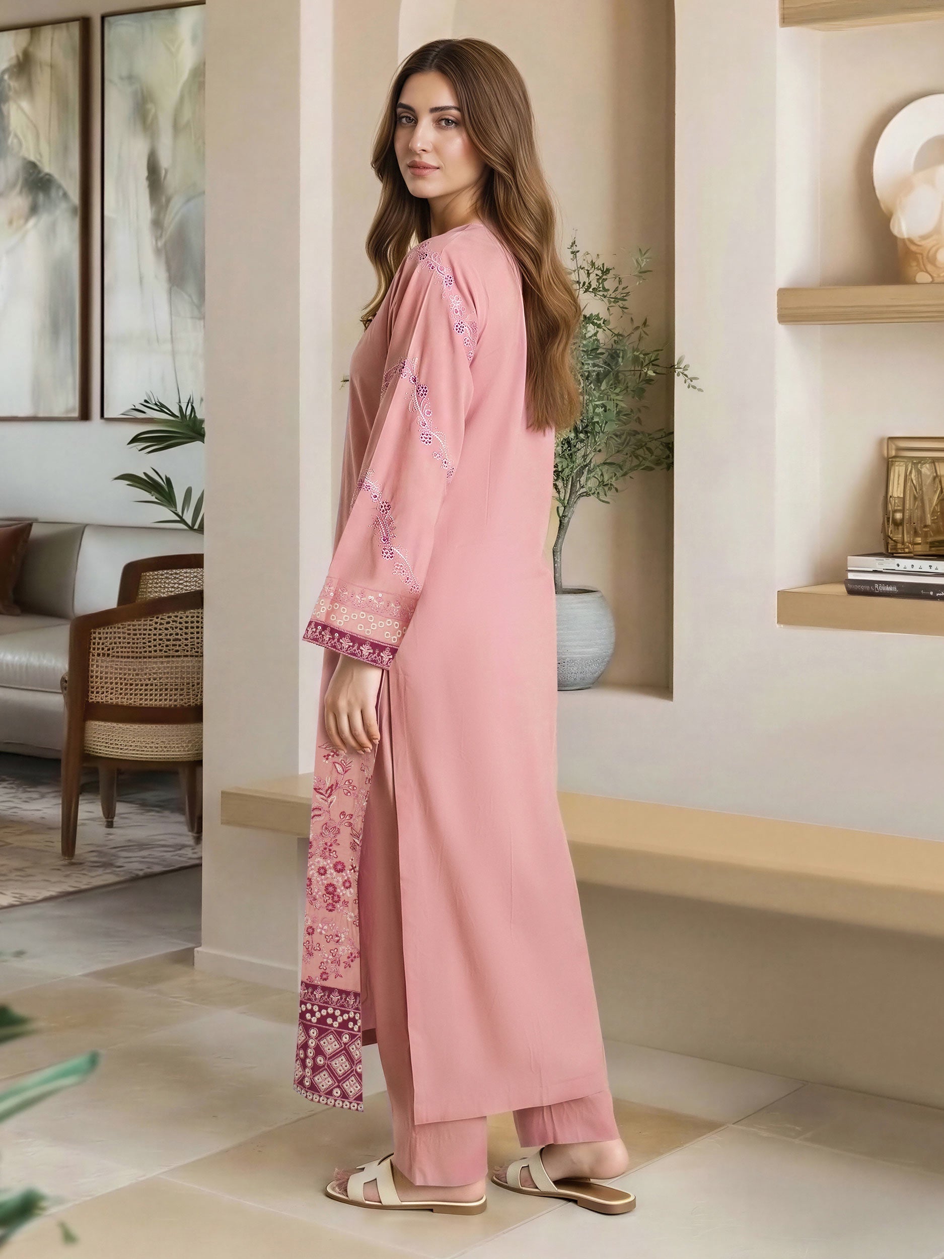 2 Piece Satin Suit- Embroidered (Pret)