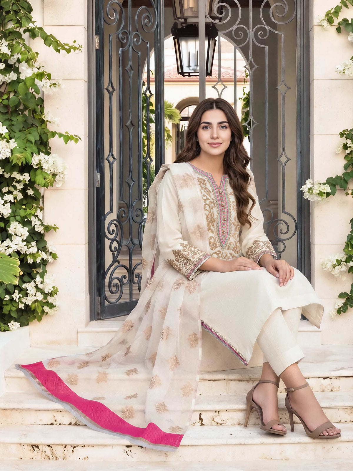 3 Piece Dobby Suit- Embroidered (Pret)