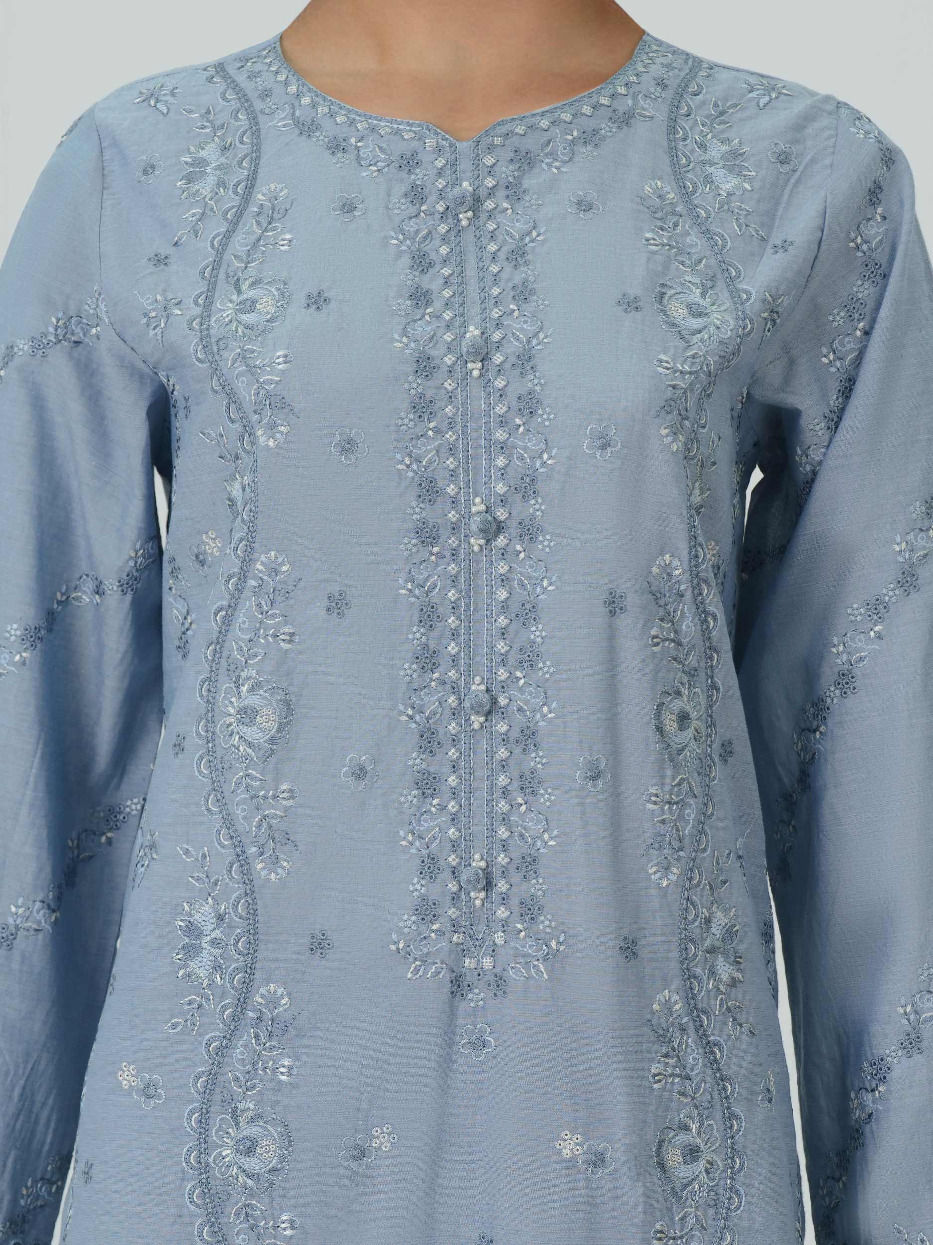 3 Piece Chambray Suit- Embroidered (Pret)