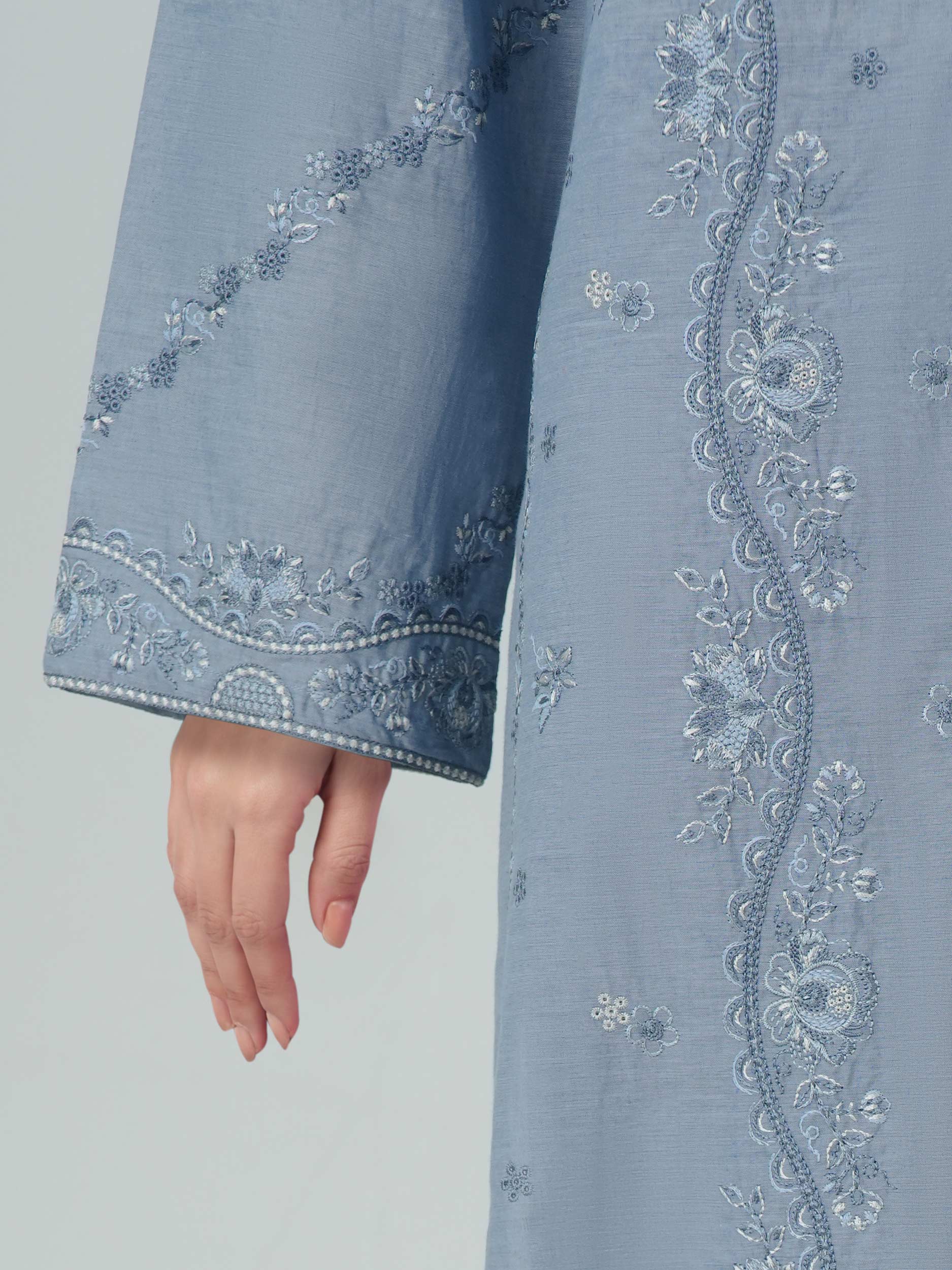 3 Piece Chambray Suit- Embroidered (Pret)