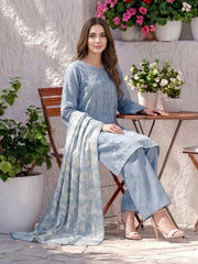 3 Piece Chambray Suit- Embroidered (Pret)