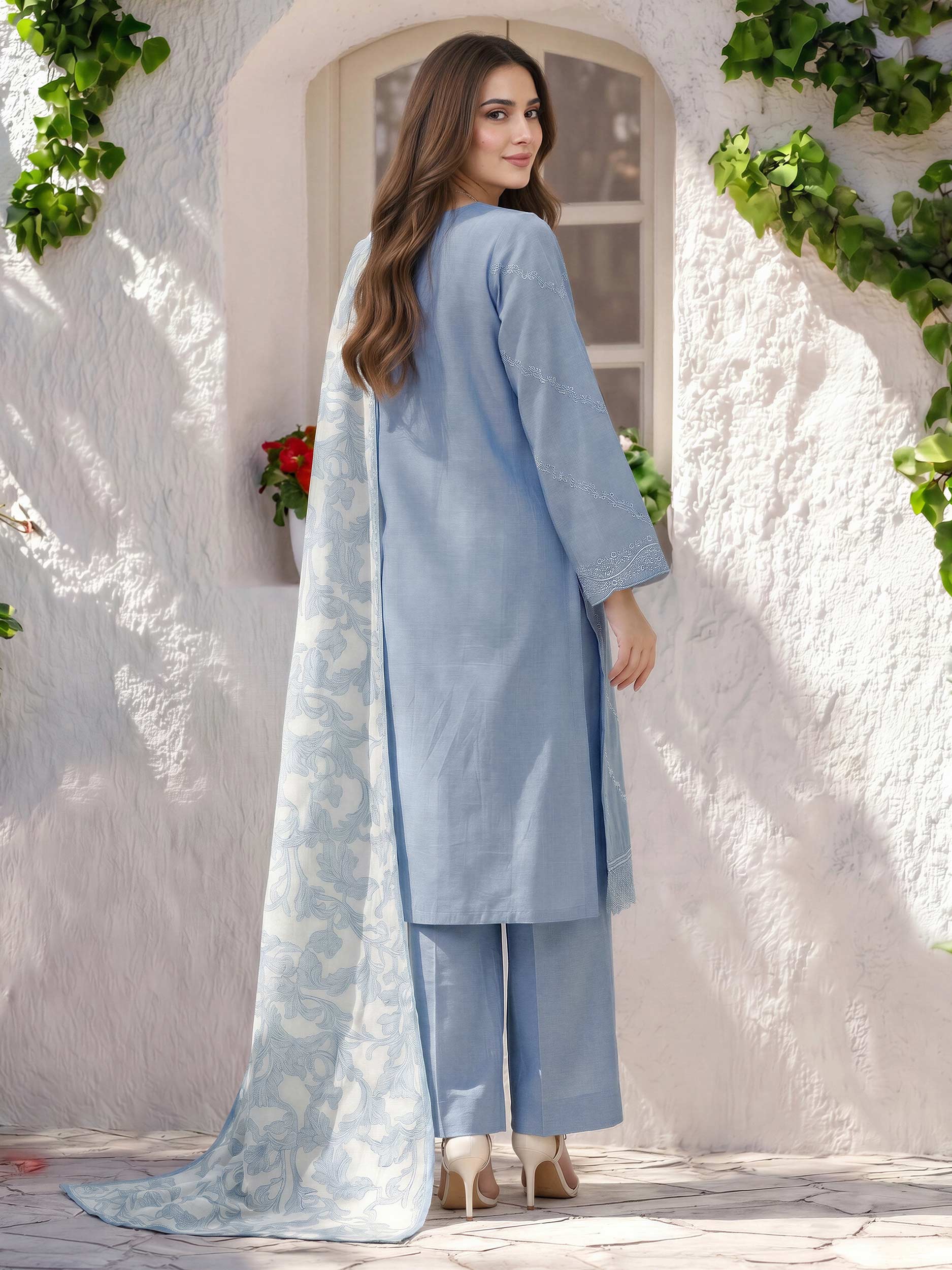 3 Piece Chambray Suit- Embroidered (Pret)
