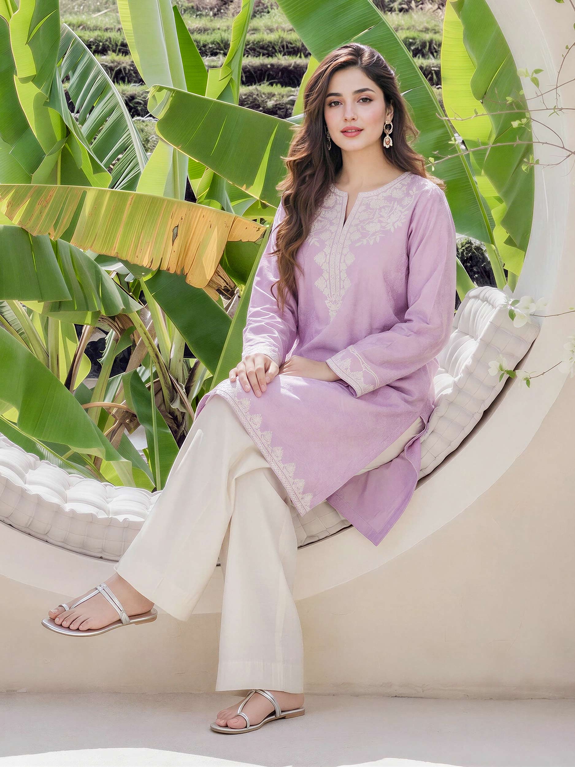 Self Jacquard Kurti- Embroidered (Pret)
