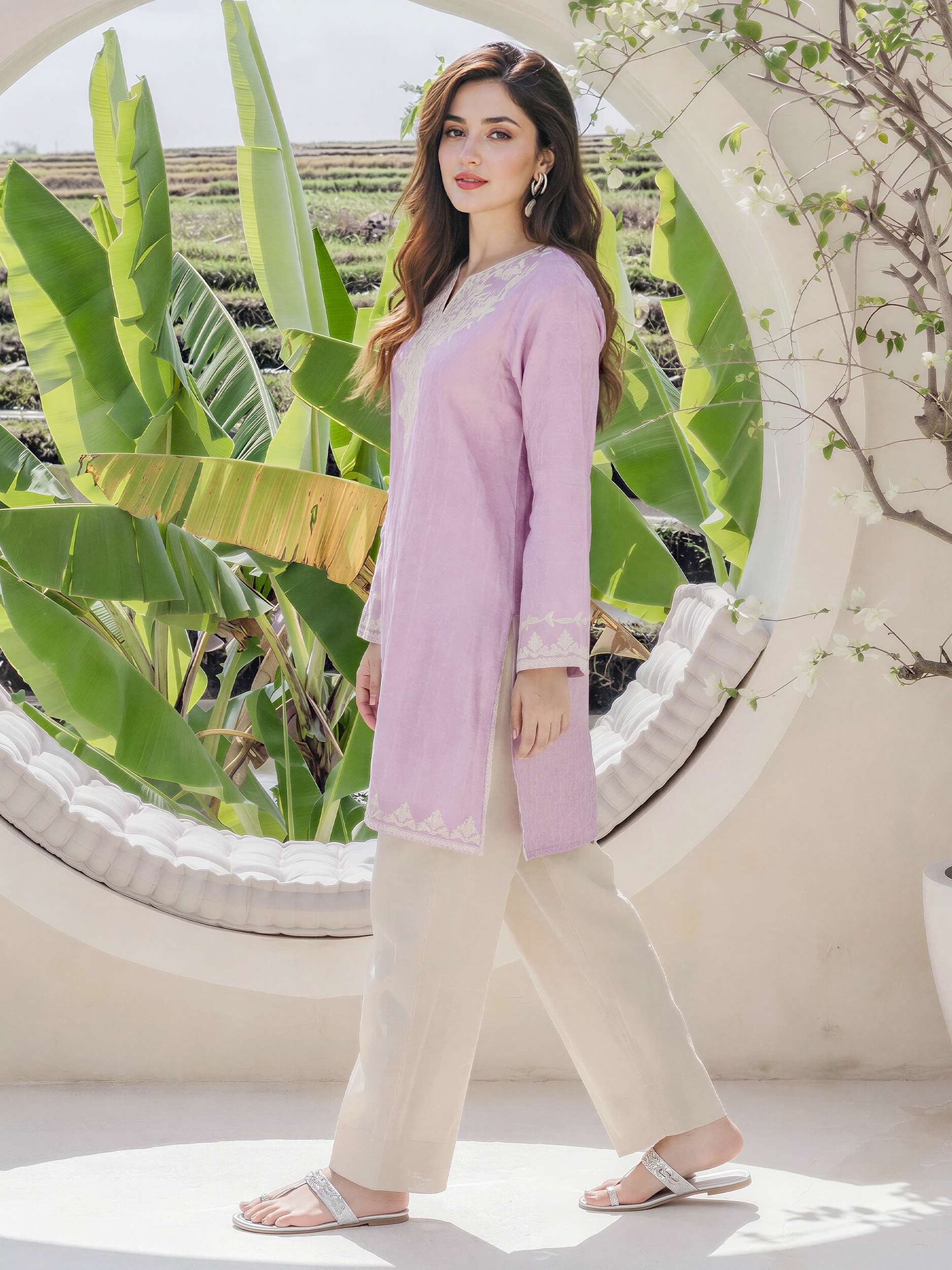 Self Jacquard Kurti- Embroidered (Pret)