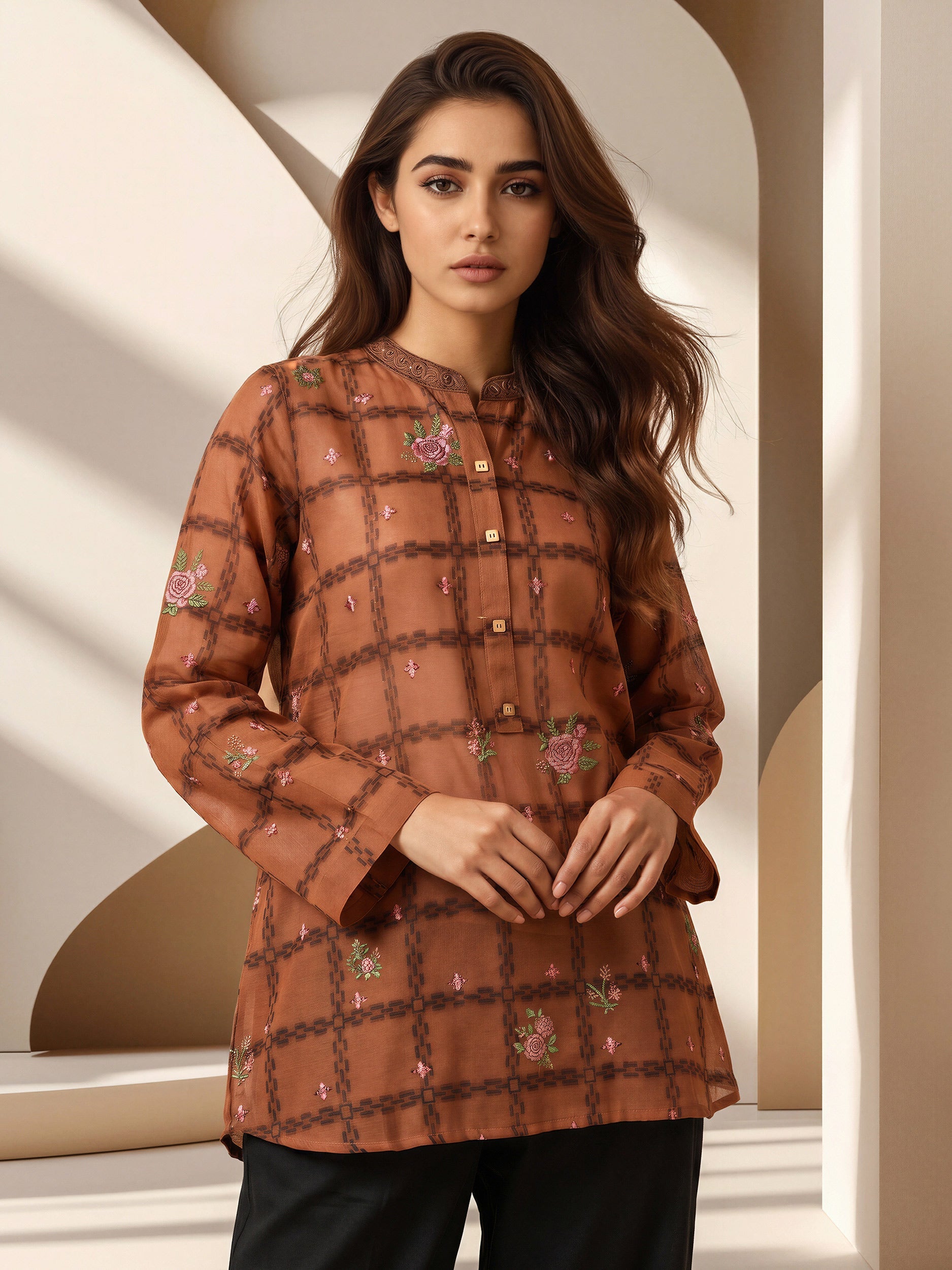 Jacquard Yarn Dyed Kurti- Embroidered (Pret)