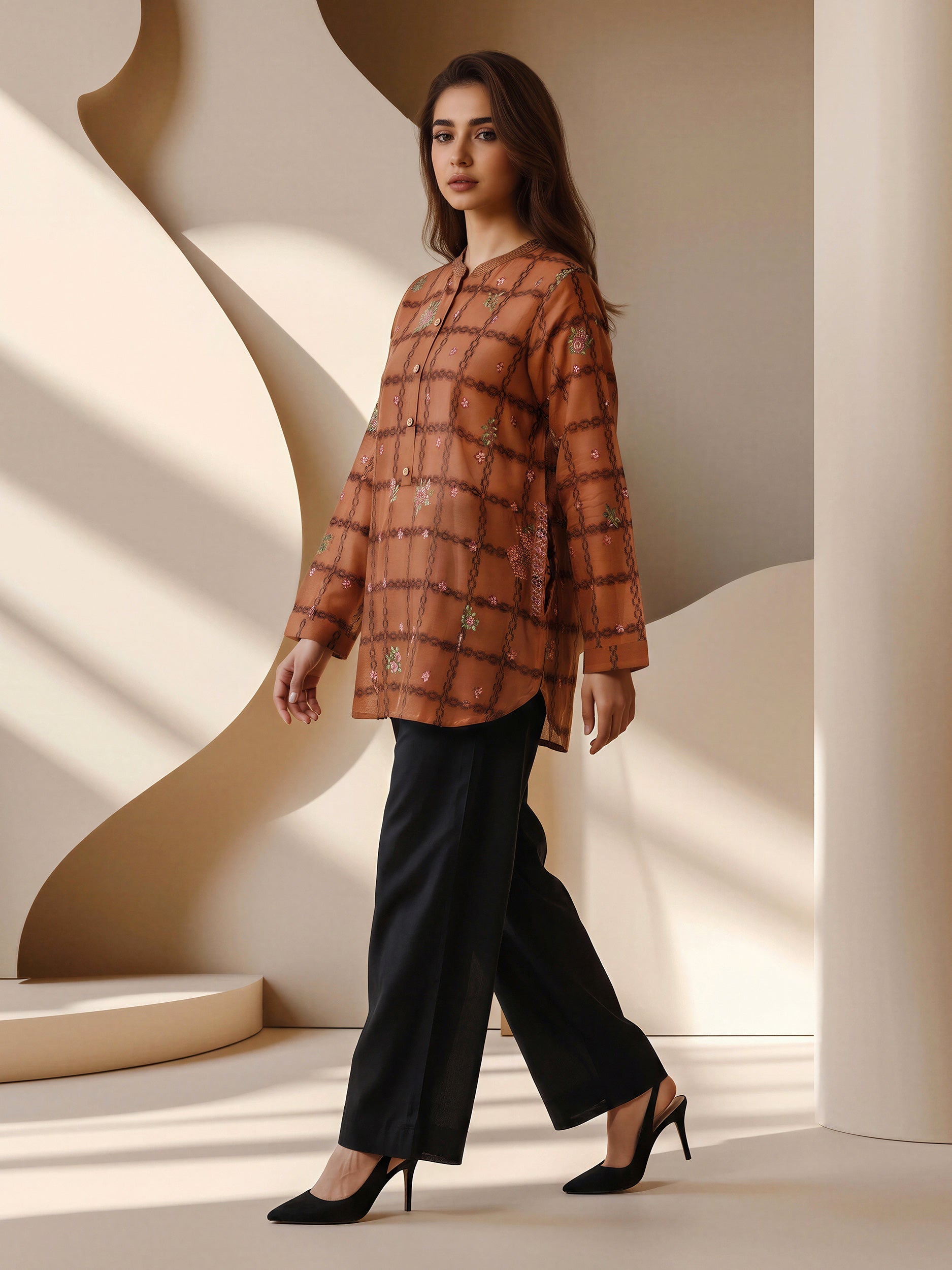 Jacquard Yarn Dyed Kurti- Embroidered (Pret)