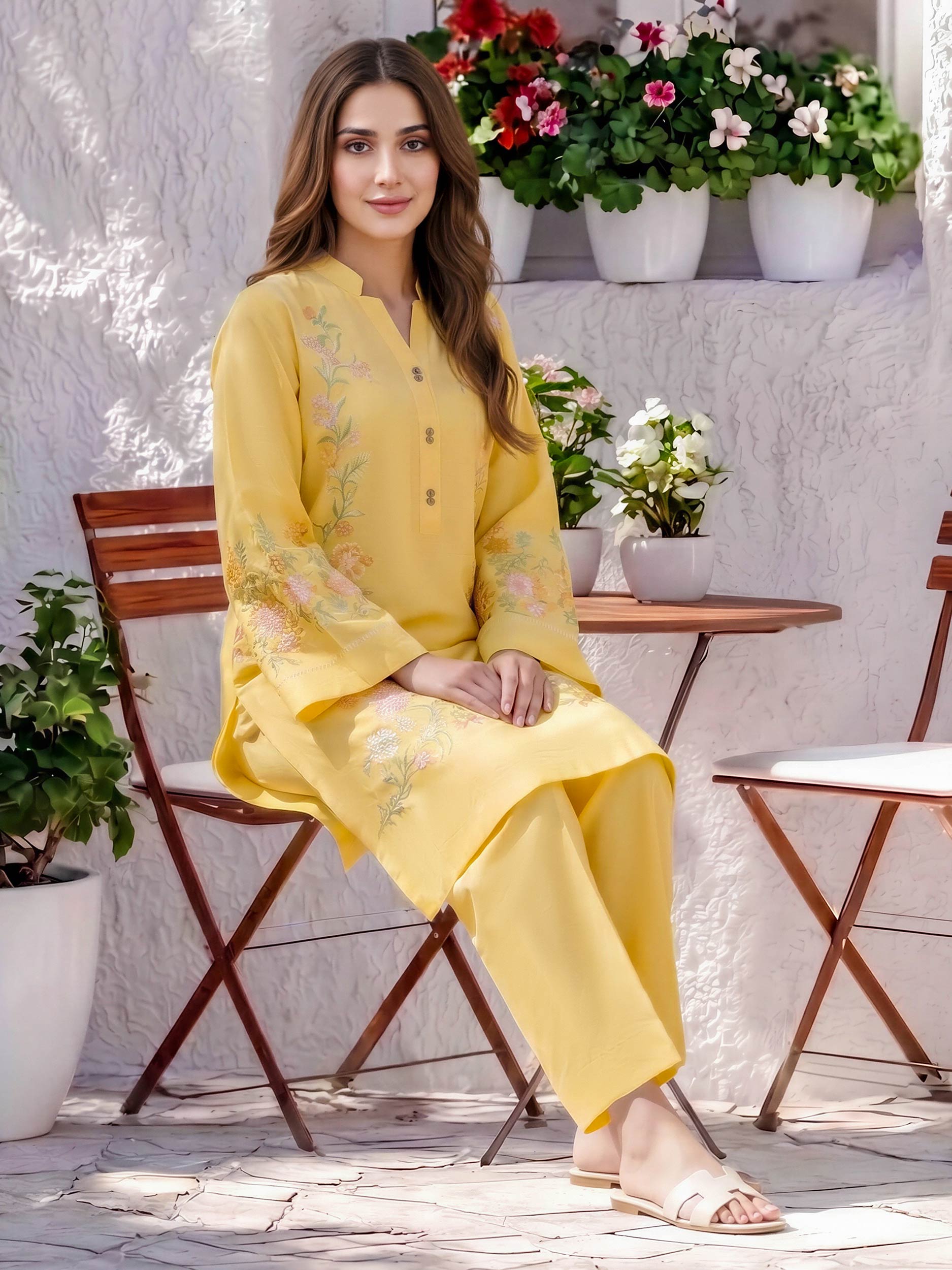 2 Piece Lawn Slub Suit- Embroidered (Pret)