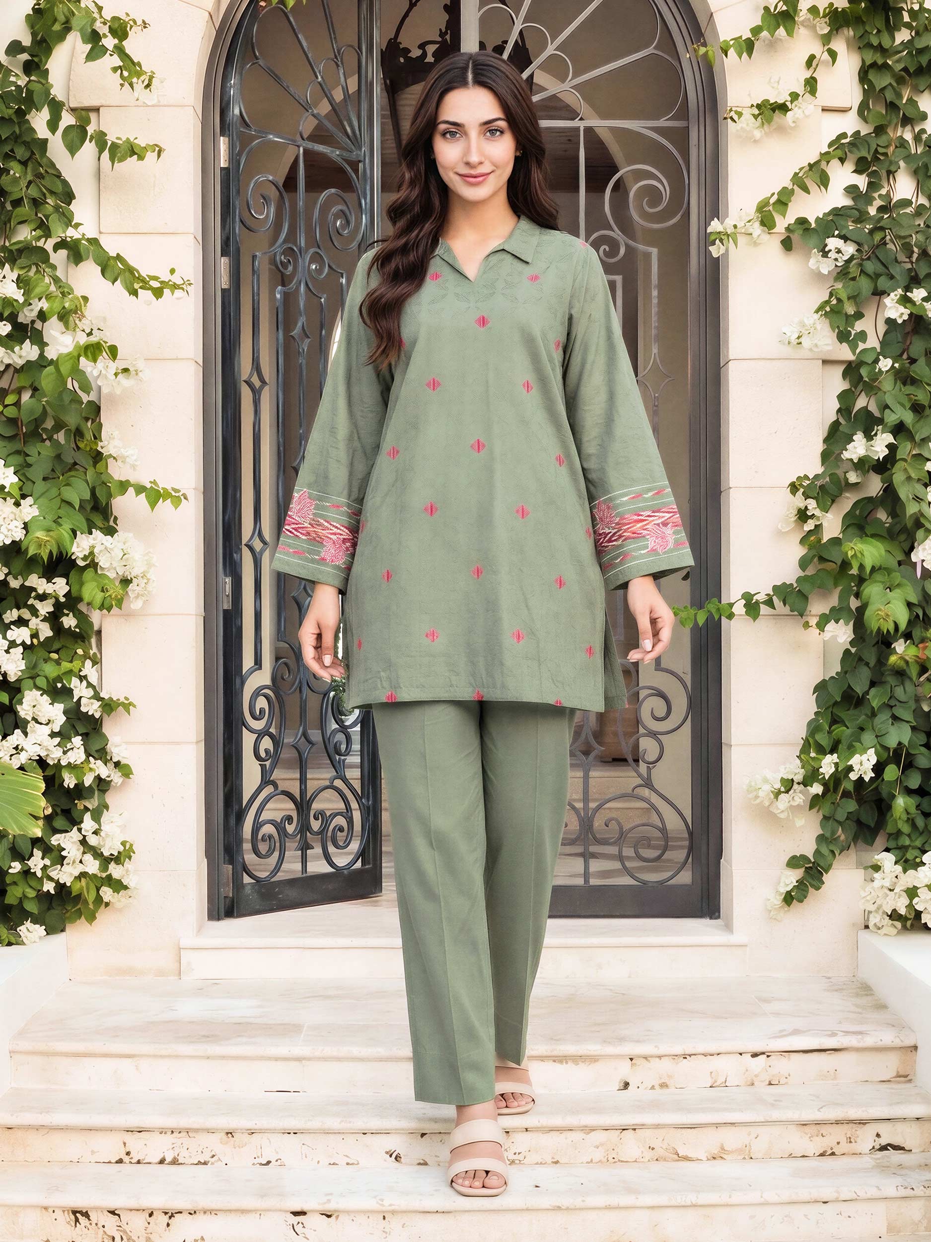2 Piece Dobby Suit- Embroidered (Pret)
