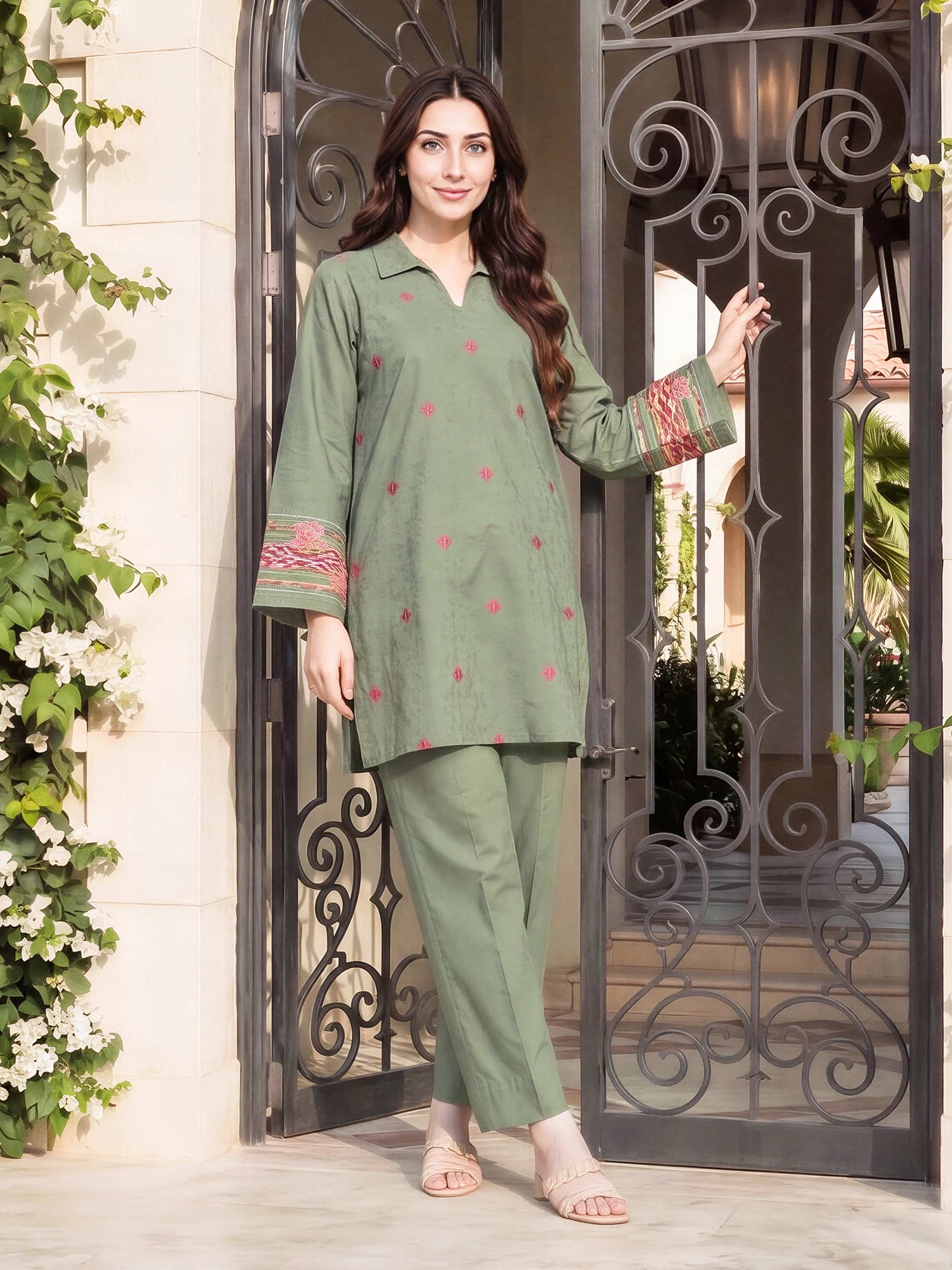 2 Piece Dobby Suit- Embroidered (Pret)