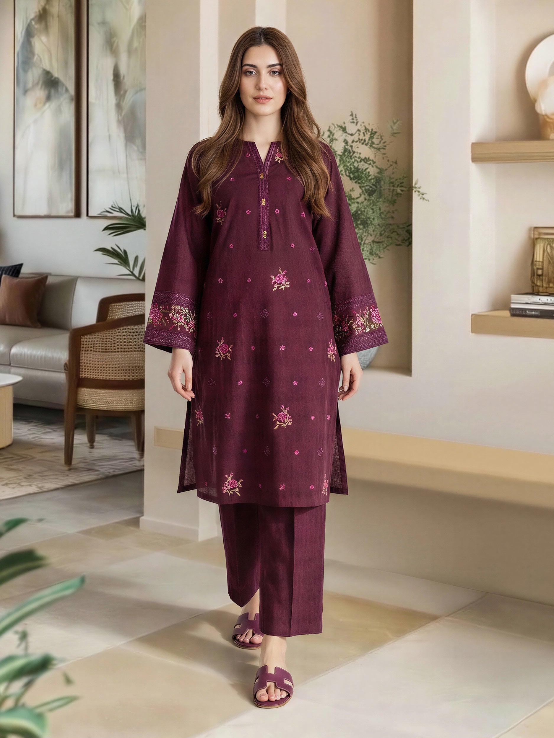 2 Piece Self Jacquard Suit- Embroidered (Pret)