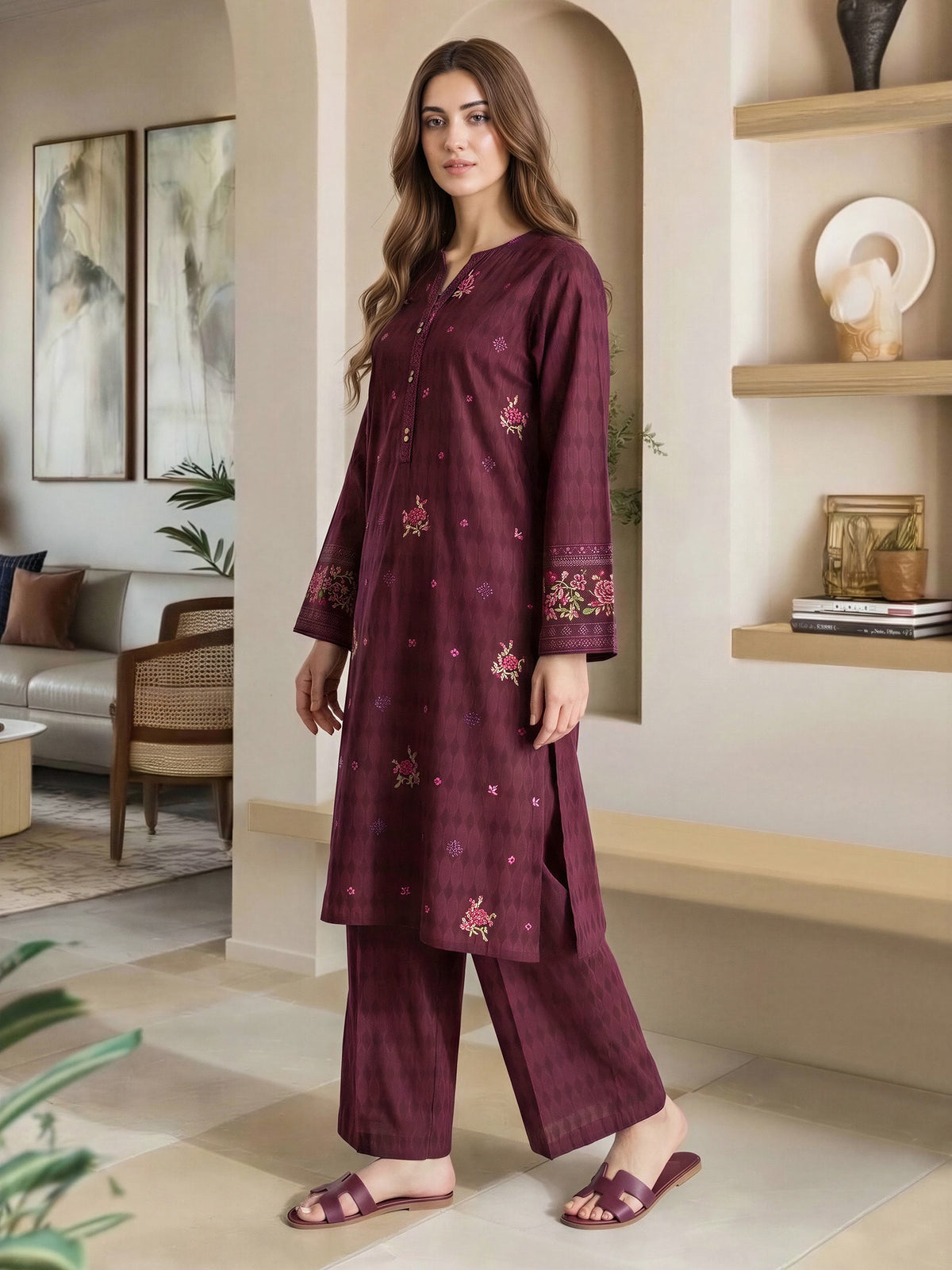 2 Piece Self Jacquard Suit- Embroidered (Pret)