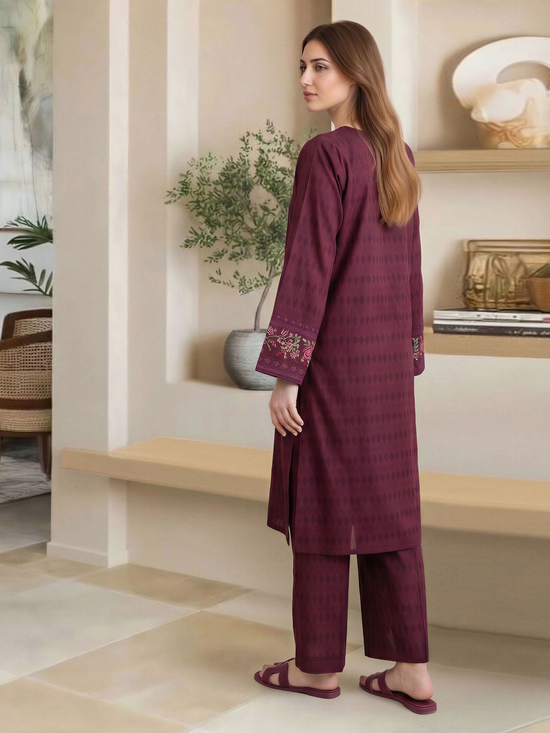2 Piece Self Jacquard Suit- Embroidered (Pret)