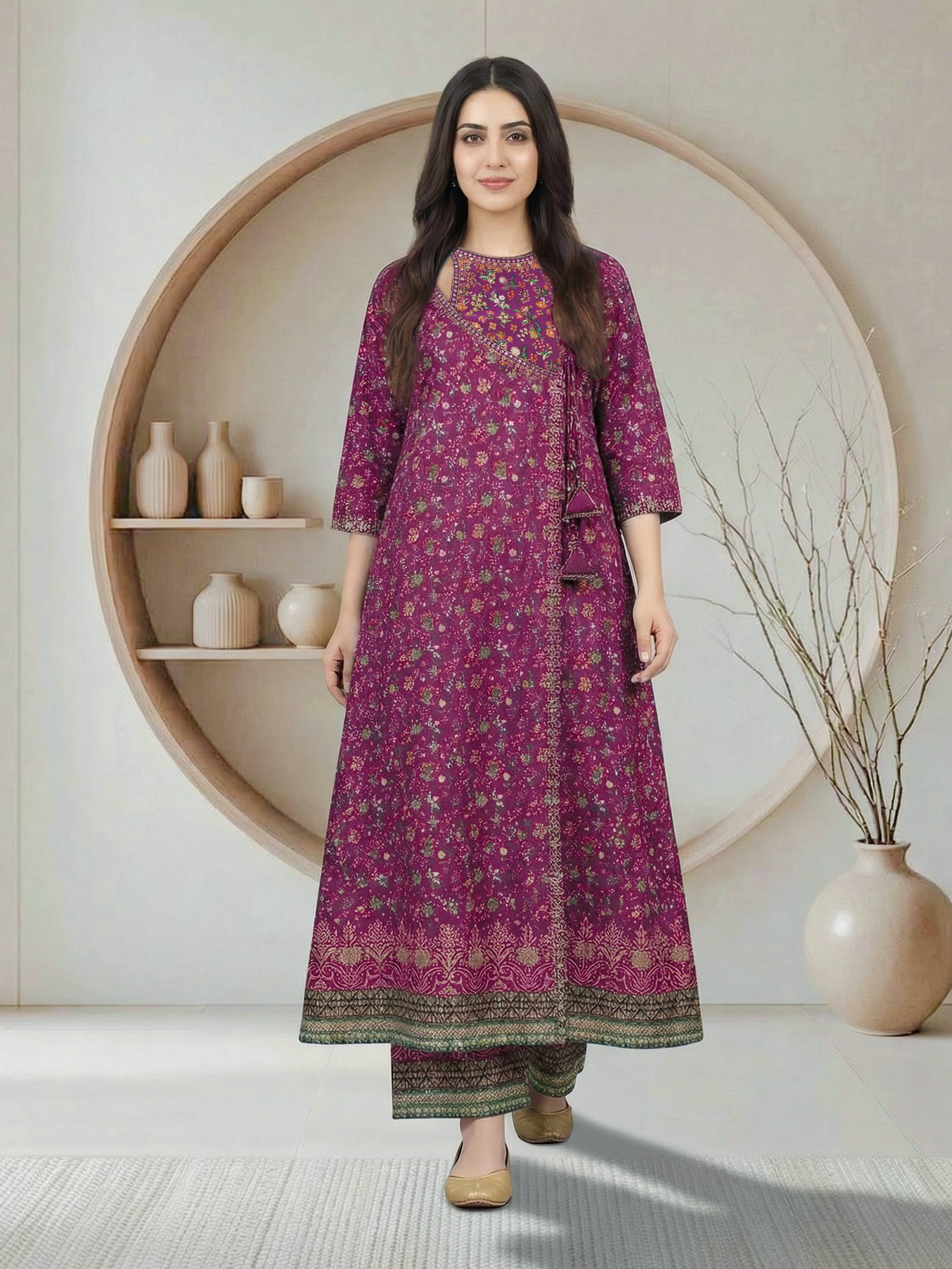 2 Piece Satin Suit- Embroidered (Pret)