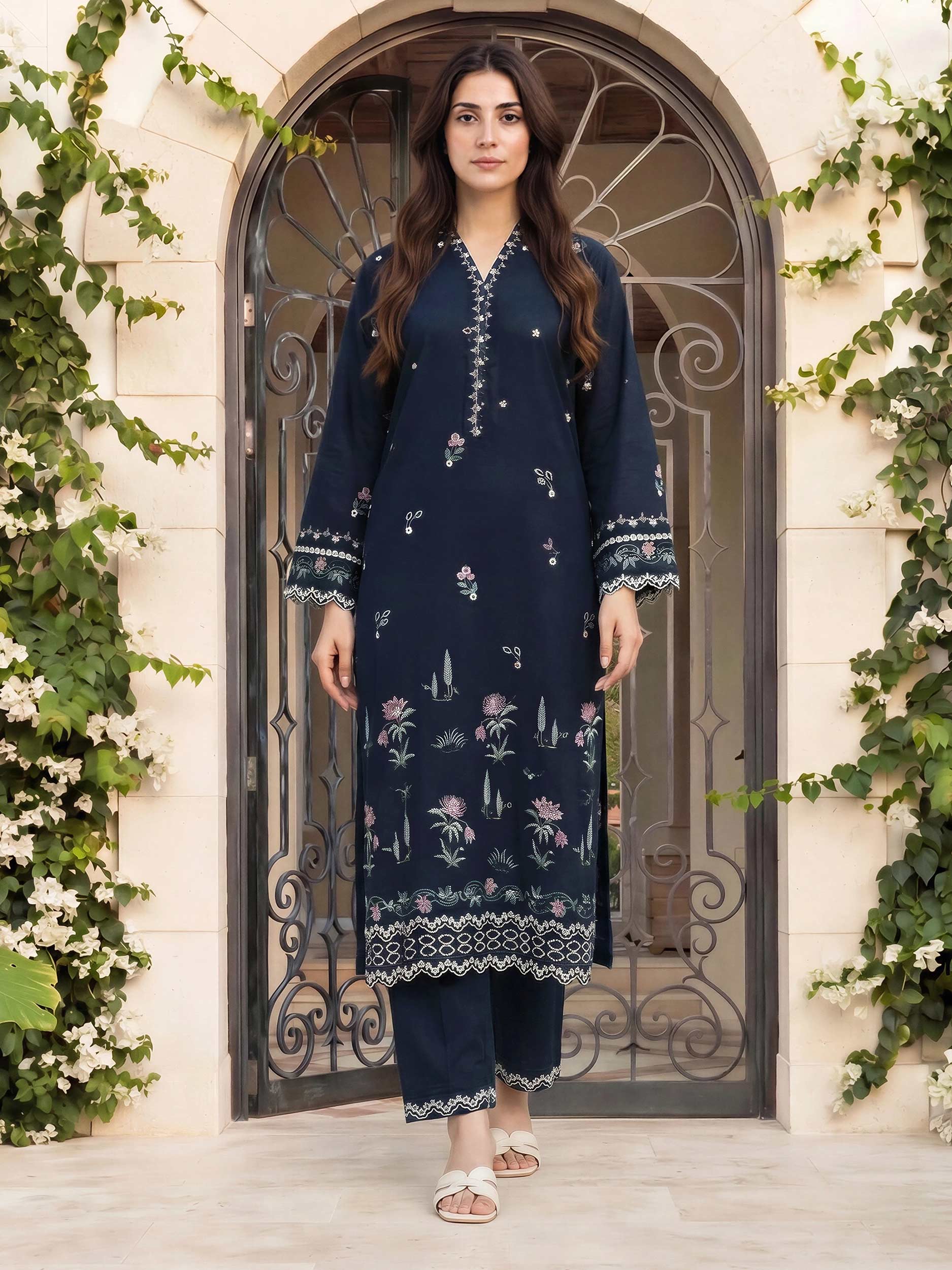 2 Piece Satin Suit- Embroidered (Pret)