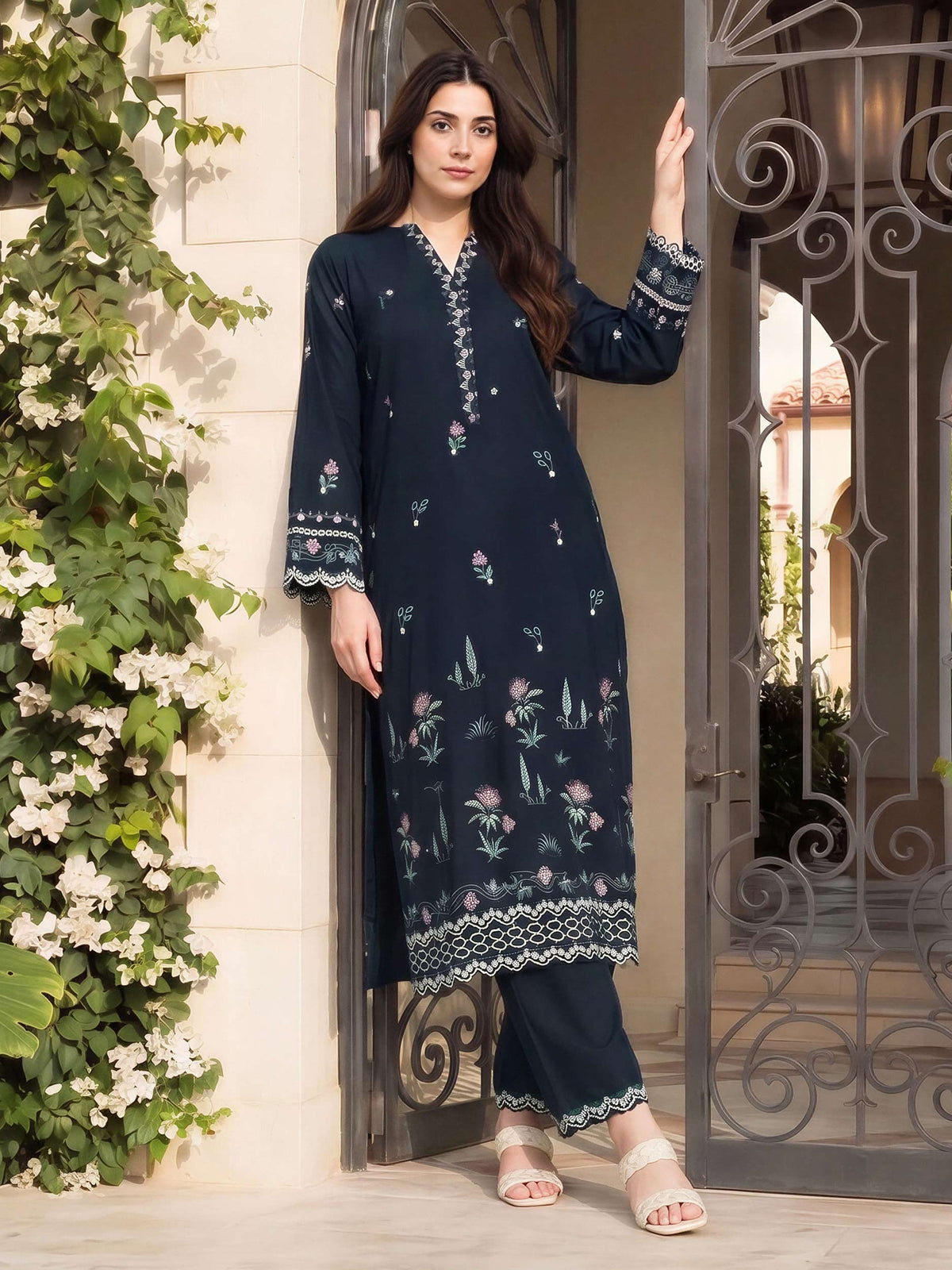 2 Piece Satin Suit- Embroidered (Pret)
