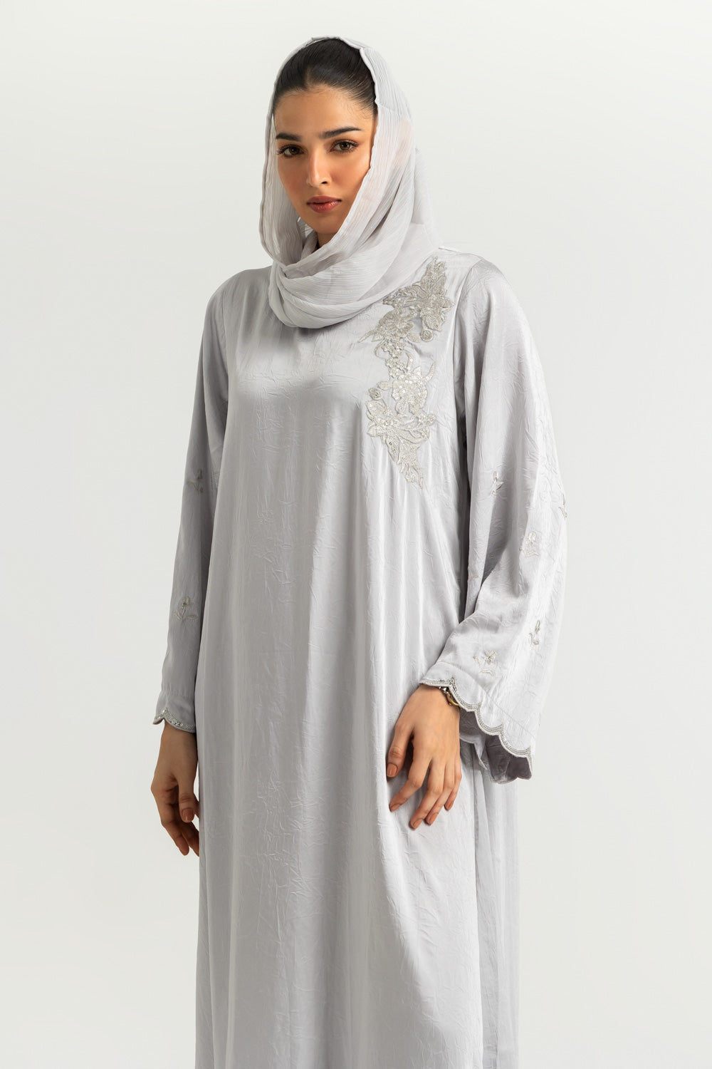 Blended Embroidered Crush Abaya With Zari Stripe Scarf
