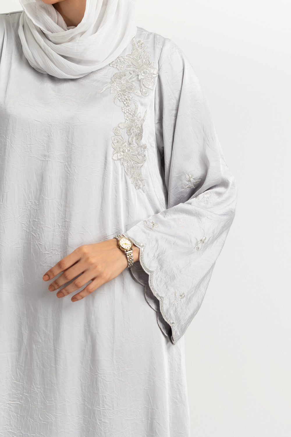 Blended Embroidered Crush Abaya With Zari Stripe Scarf