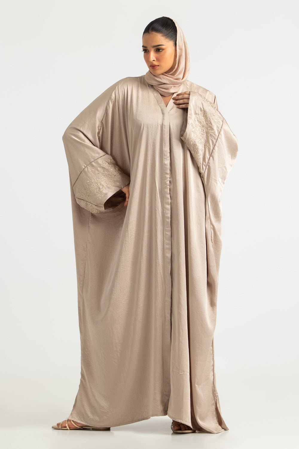 Blended Embroidered Crush Abaya With Zari Stripe Scarf