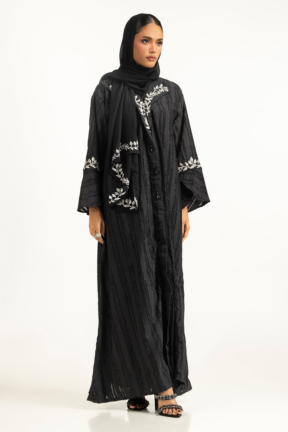 Brochia Georgette Embroidered Abaya With Embroidered Scarf