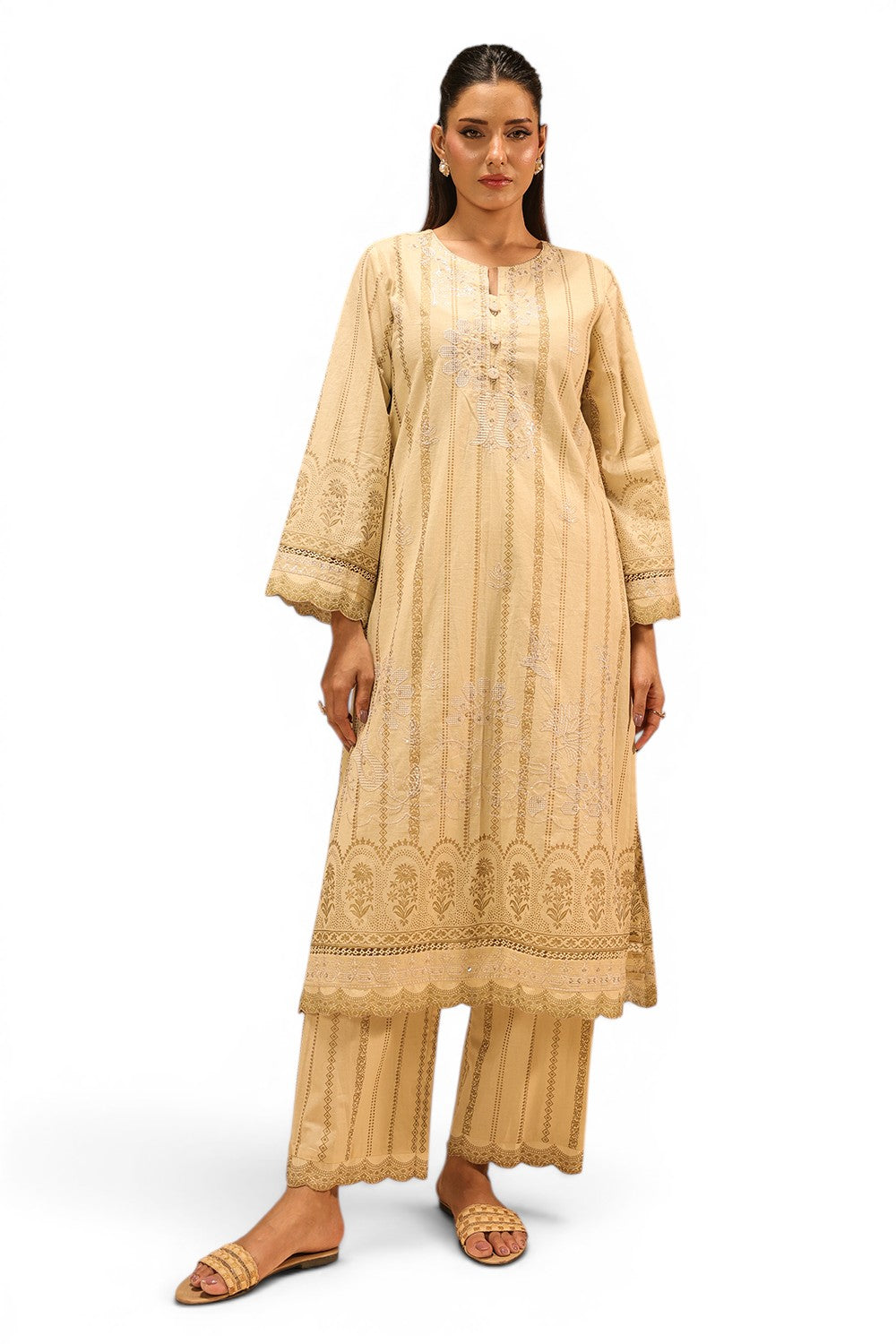 Cambric Block Printed Co-Ord Set With Embroidered