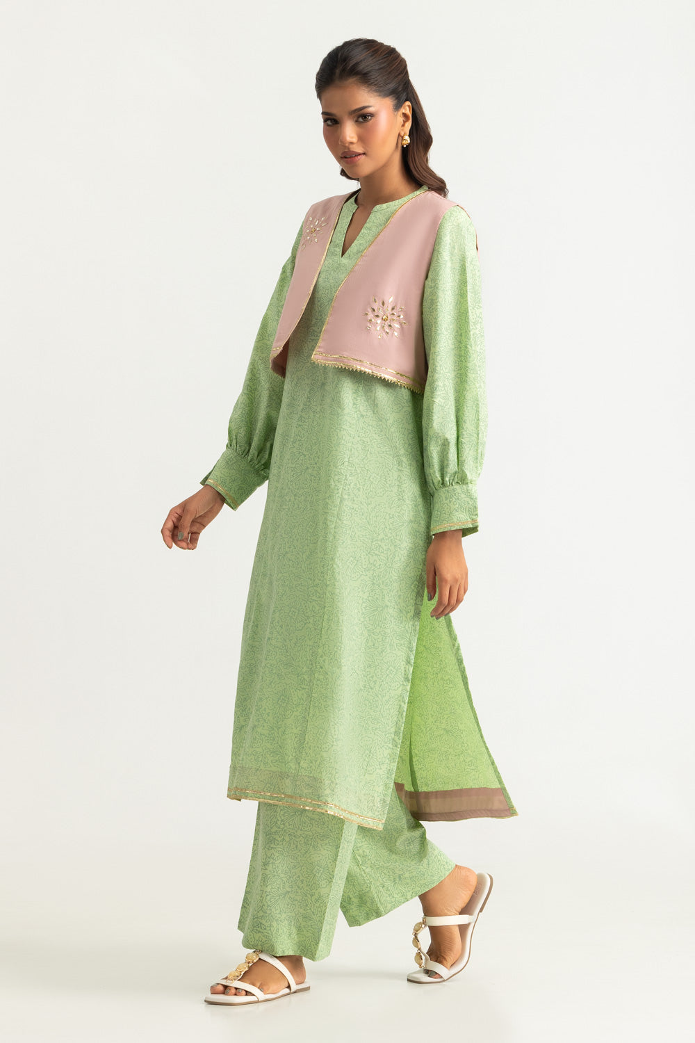 Cambric Block Printed Co-Ord Set With Waistcoat
