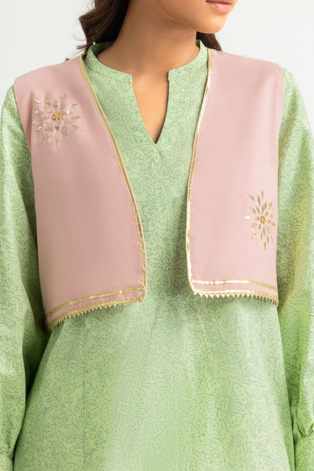 Cambric Block Printed Co-Ord Set With Waistcoat