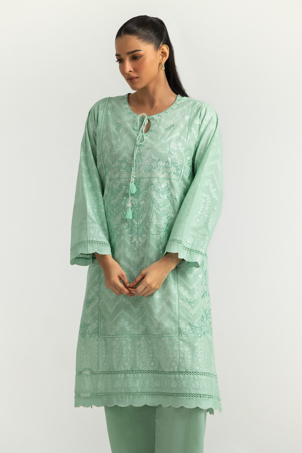 Cambric Embroidered Co-Ord Set With Block Printed