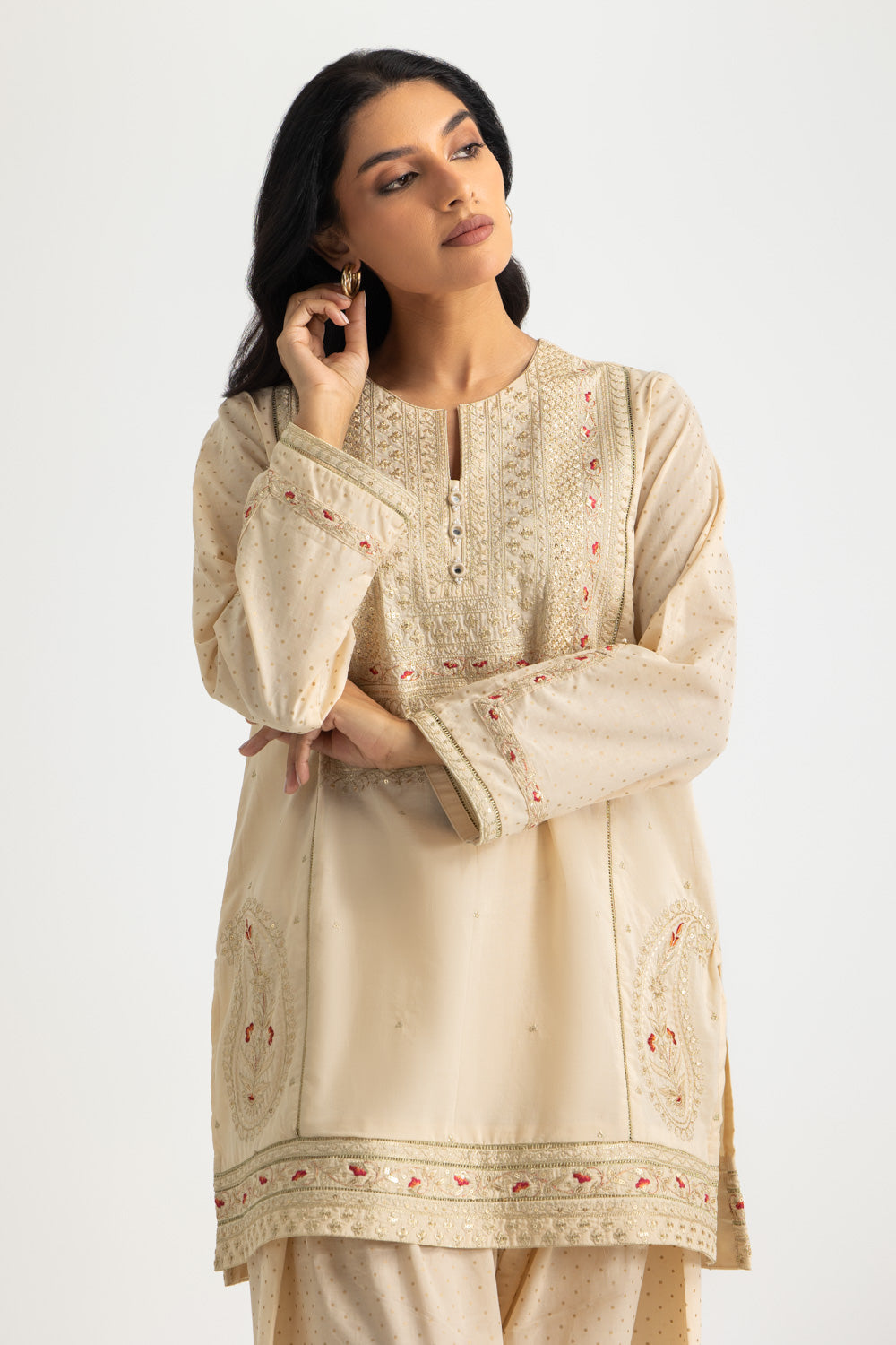 Cambric Embroidered Co-Ord Set With Block Printed