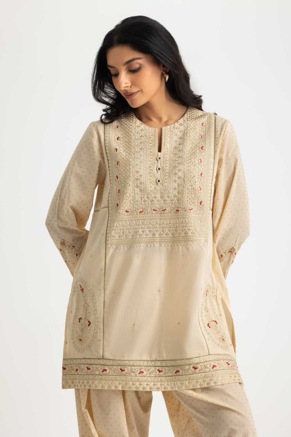 Cambric Embroidered Co-Ord Set With Block Printed