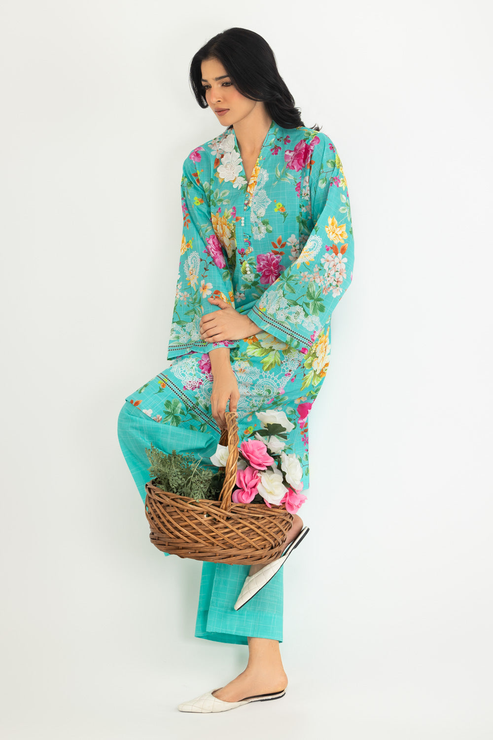 Cambric Printed Co-Ord Set With Embroidered