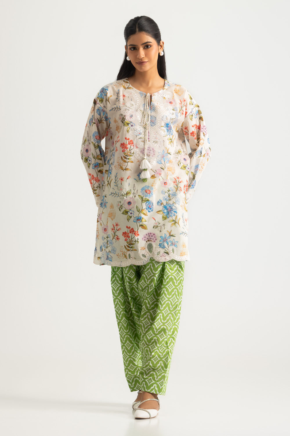 Cambric Printed Co-Ord Set With Embroidered