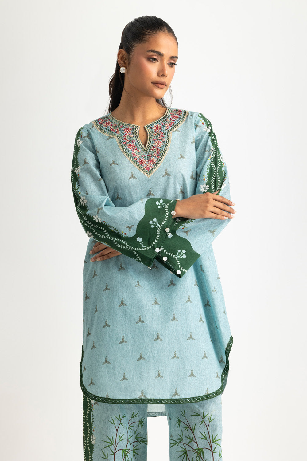 Cambric Printed Co-Ord Set With Embroidered